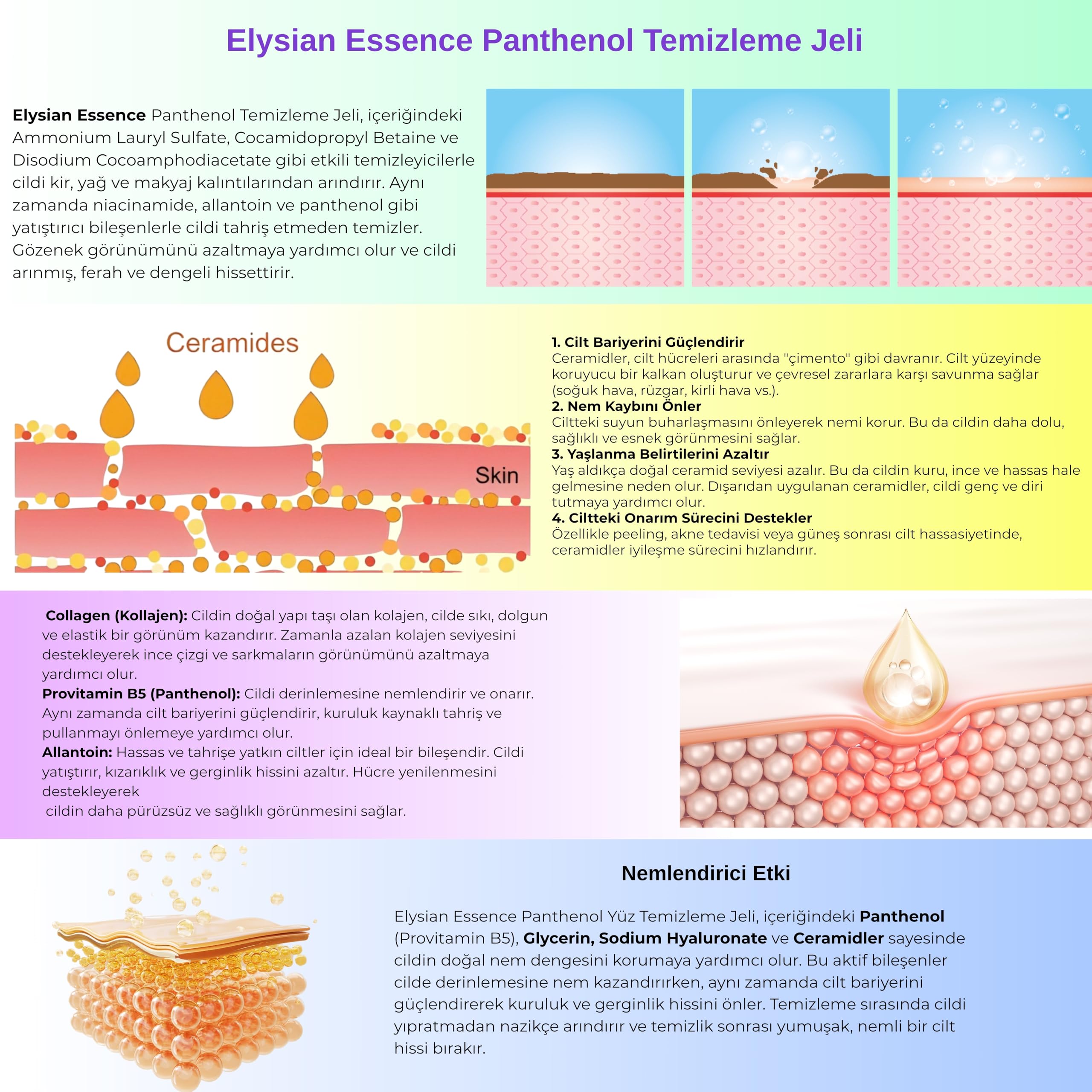 Elysian Essence Nemlendirici ve Yatıştırıcı Panthenol Yüz Temizleme Jeli - Kolajen & Hyaluronic Acid İlaveli 200 ml