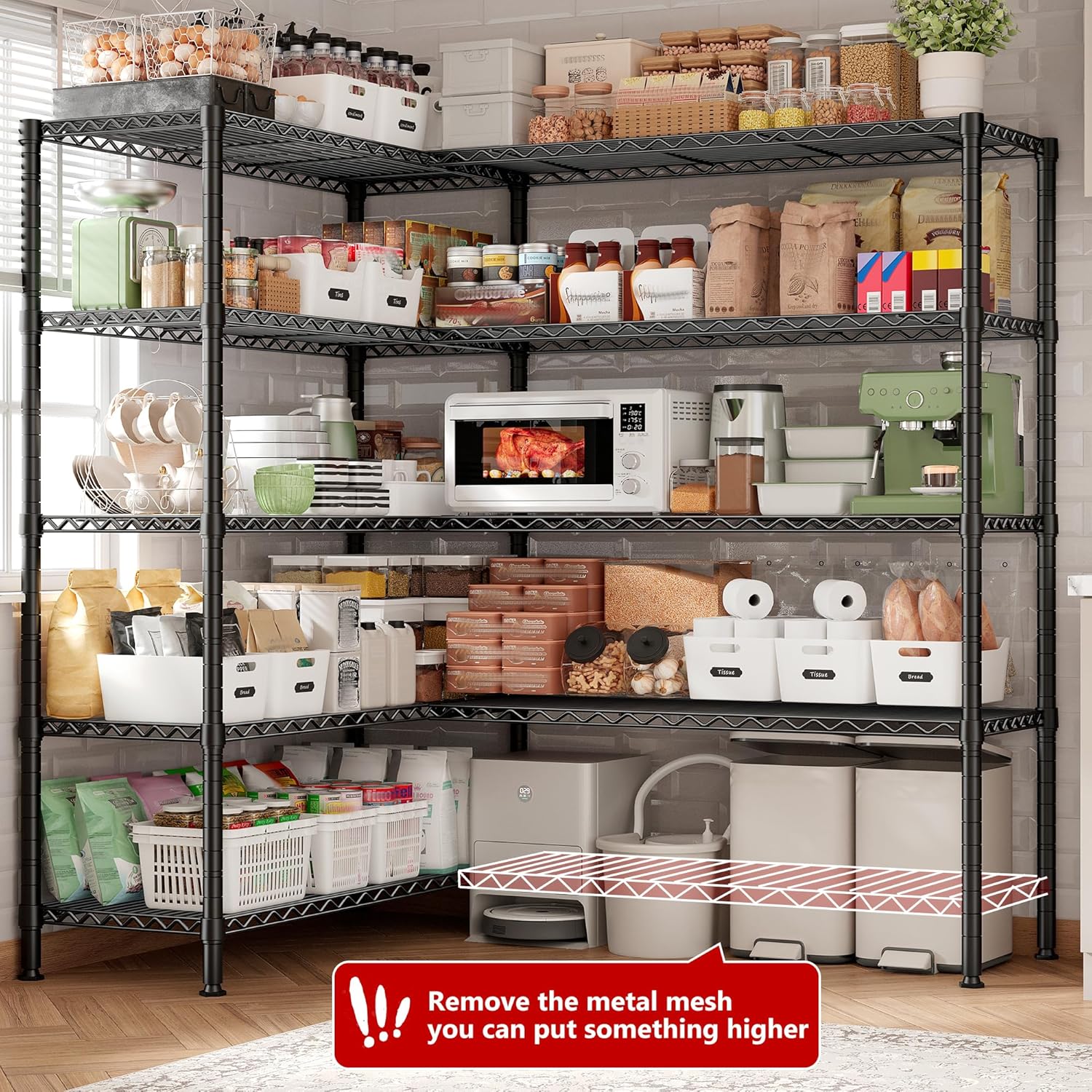 REIBII 70" W Storage Shelves Load 1600LBS,Metal Shelving 5-Tier Wire Shelving Unit Garage Shelving for Storage Adjustable Metal Shelves for Pantry Kitchen Garage Commercial, 70" W*15.8" D*72.4" H