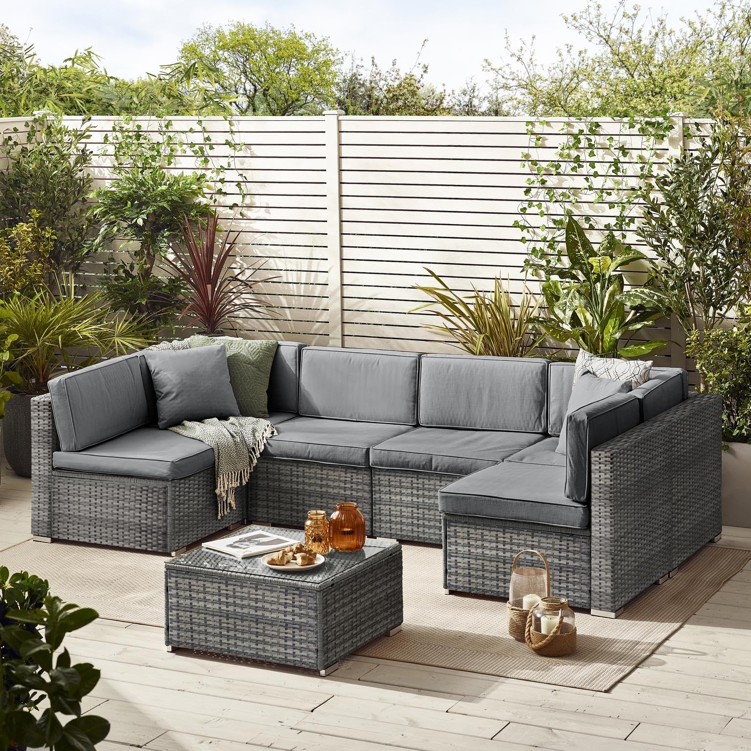 Furniturebox UK Rattan Garden Furniture - Orlando Outdoor Furniture Sofa Set - Modern & Elegant 6 Seater Garden Patio Table, Cushions and Chairs - Cover Included (Stone Grey)