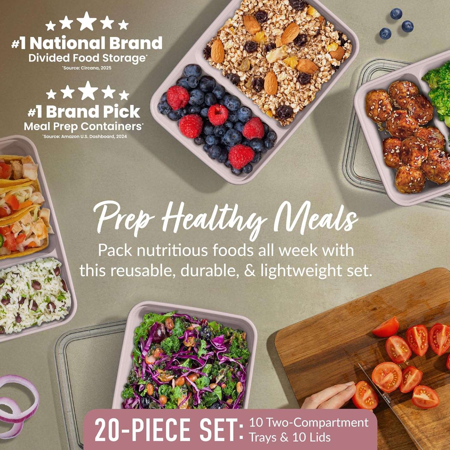 Bentgo Prep 2-Compartment Meal Prep Containers with Lids, 20 Piece Set | 3-Cup Capacity, Portion Control, Stackable, Microwave, Freezer & Dishwasher-Safe, PFAS & BPA-Free (Blush Pink)