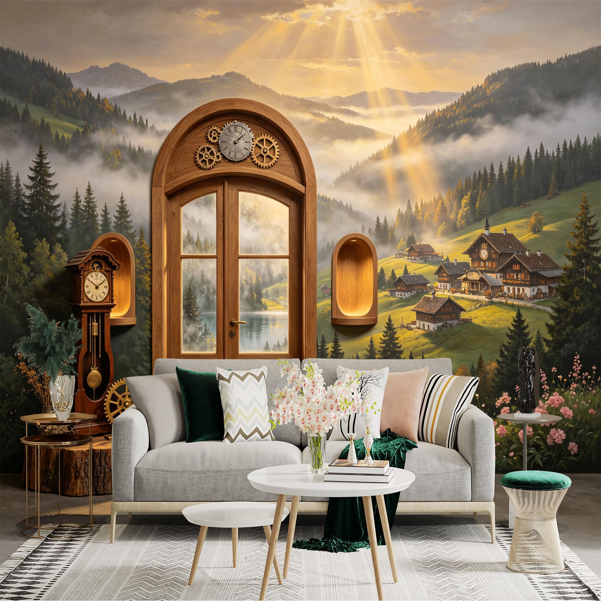 Custom Size Wall Sticker Mural， Misty Mountain Village， Wooden Door and Sunrise Landscape， for wall Decoration， peelandstick wall Decals.