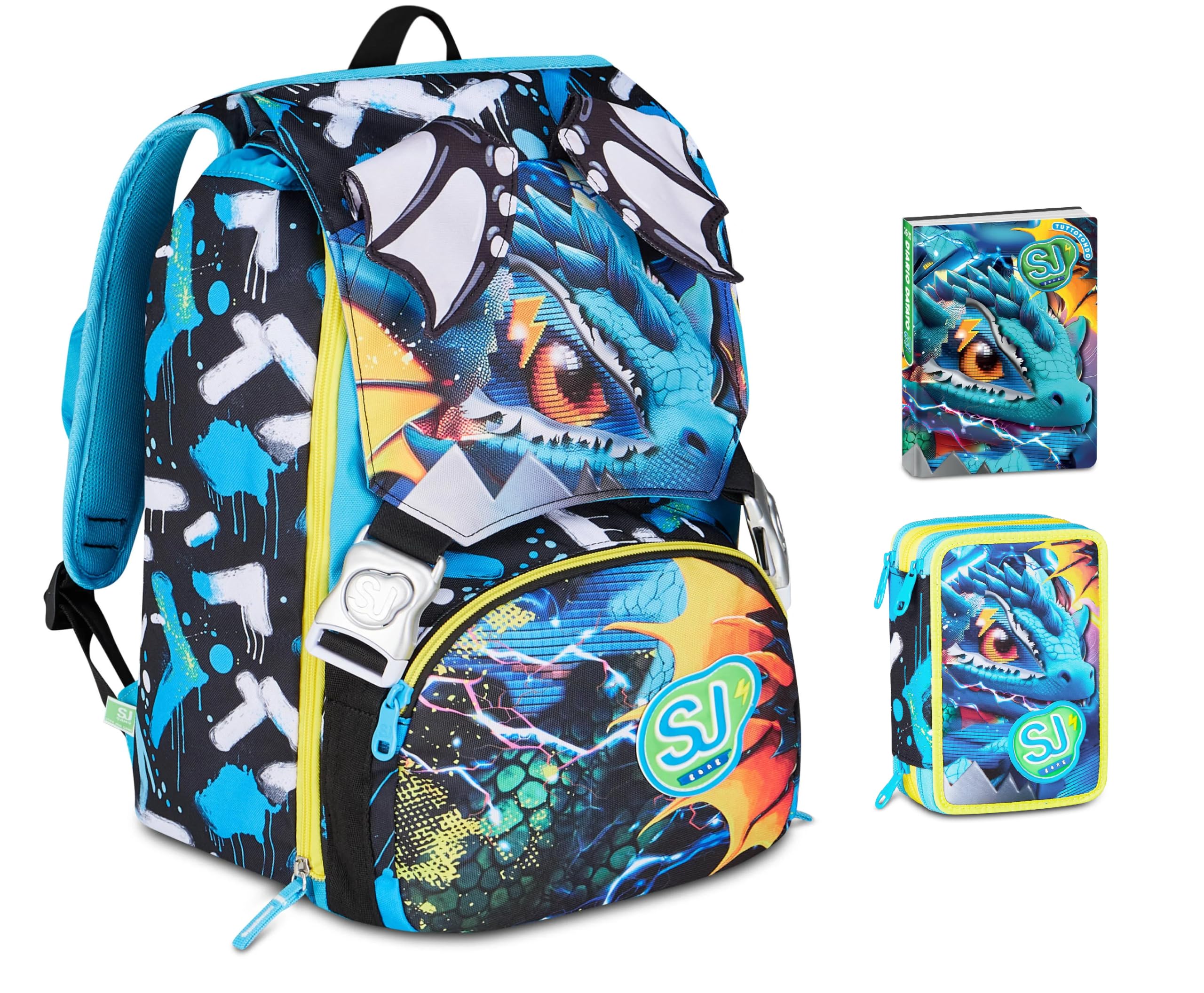 Zaino Scuola primaria Boy - Sj Metal Drago estensibile By Seven per Bambino + Astuccio 3 piani + Diario 2026-2027 + 7 penne a scatto e portachiave fischietto