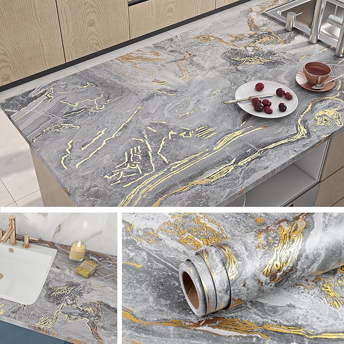 Livelynine Kitchen Worktop Covering Marble Grey Gold Waterproof ...