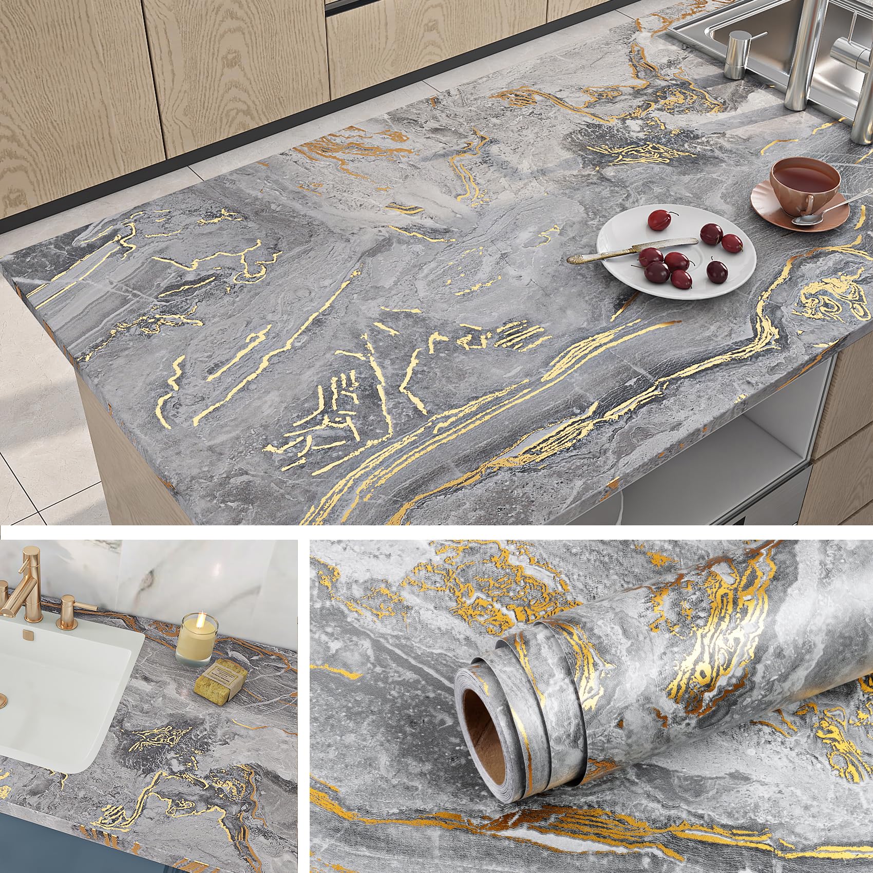 Livelynine Marmor Folie Selbstklebend Grau mit Vene Gold 500CM x 90CM Breit Marmor Tapete für Wand Grau Gold Wohnzimmer Schlafzimmer Abwaschbare Folie Arbeitsplatte Küche Badezimmer Klebefolie Küche