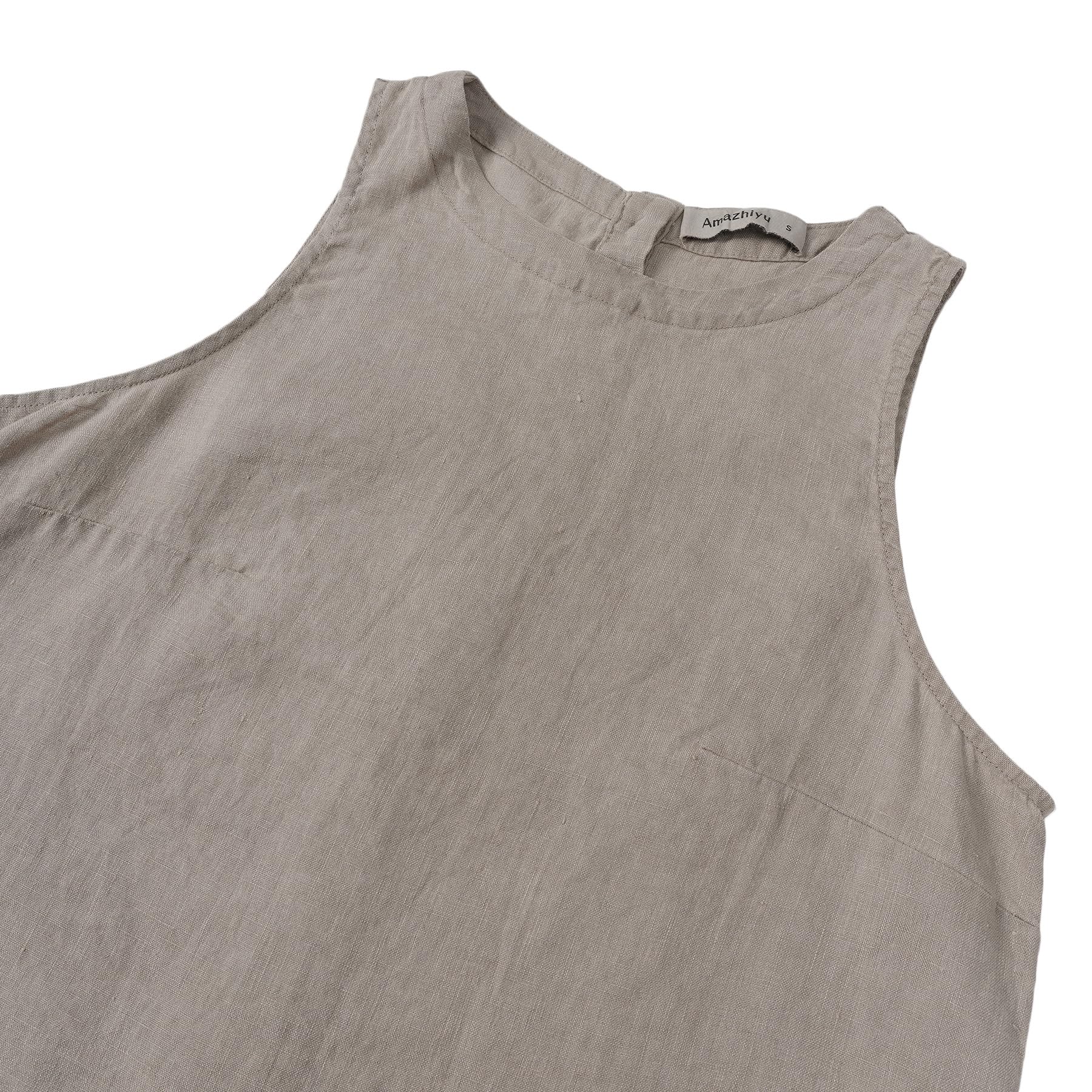 Amazhiyu Camiseta de tirantes para mujer, de lino, para verano, corta, sin mangas, cuello redondo, camiseta de verano, holgada, blusa de lino, con botones, espalda y tiempo libre