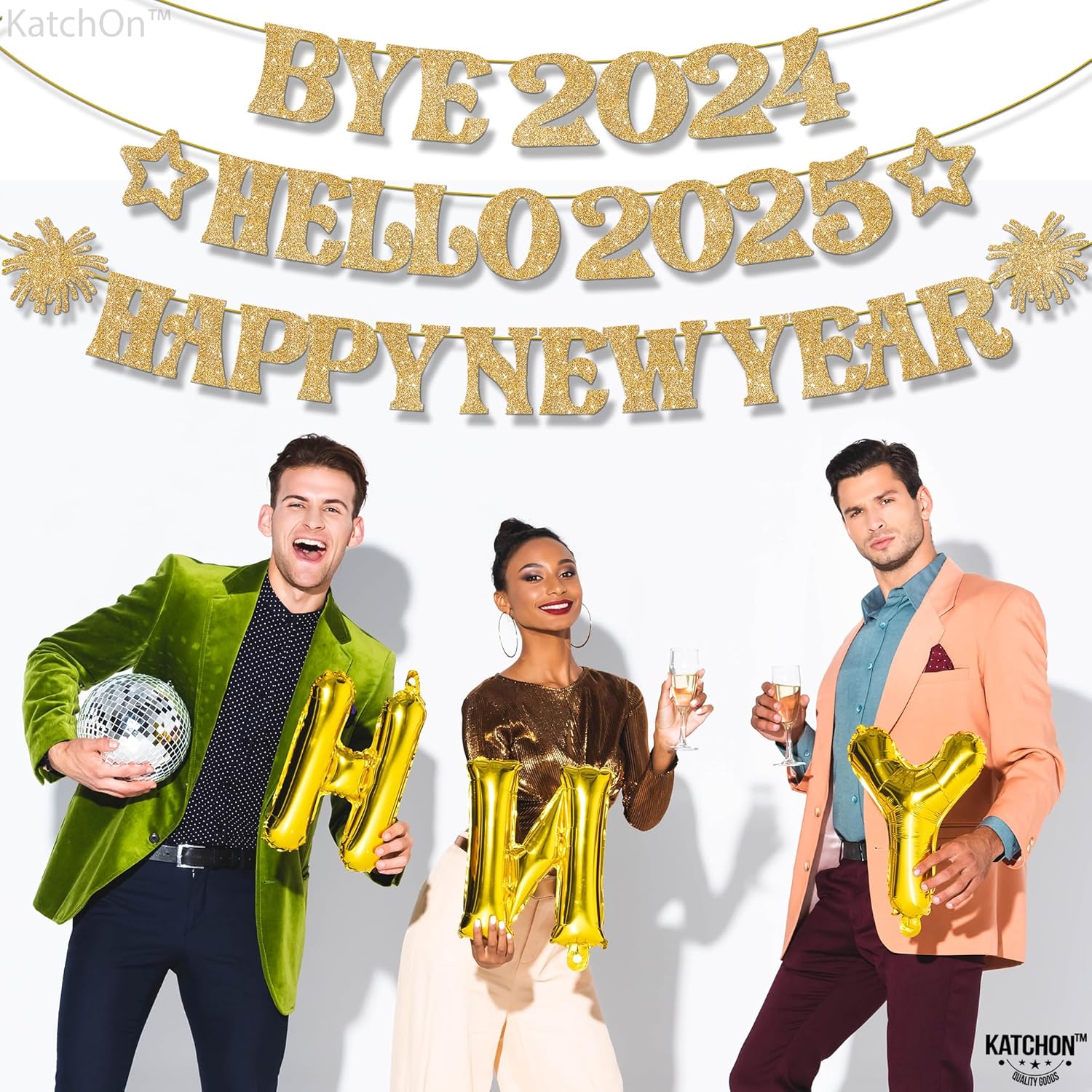 KatchOn, Glitter Happy New Year Banner with LED Light Up Numbers 2025 = Pack of 2 | Bye 2024 Hello 2025 Banner, Light Up 2025 Sign for Happy New Year Decorations 2025 | New Years Eve Decorations 2025