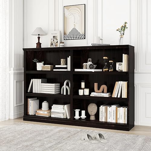 Double Wide Open Shelf Bookcase - 3 Tiers 6 Storage Cube Adjustable Space Book Case, Display Cabinet Organizer with Bookshelf, 64.8 inch Width Indoor Furniture for Home Library Office, Dark Cherry