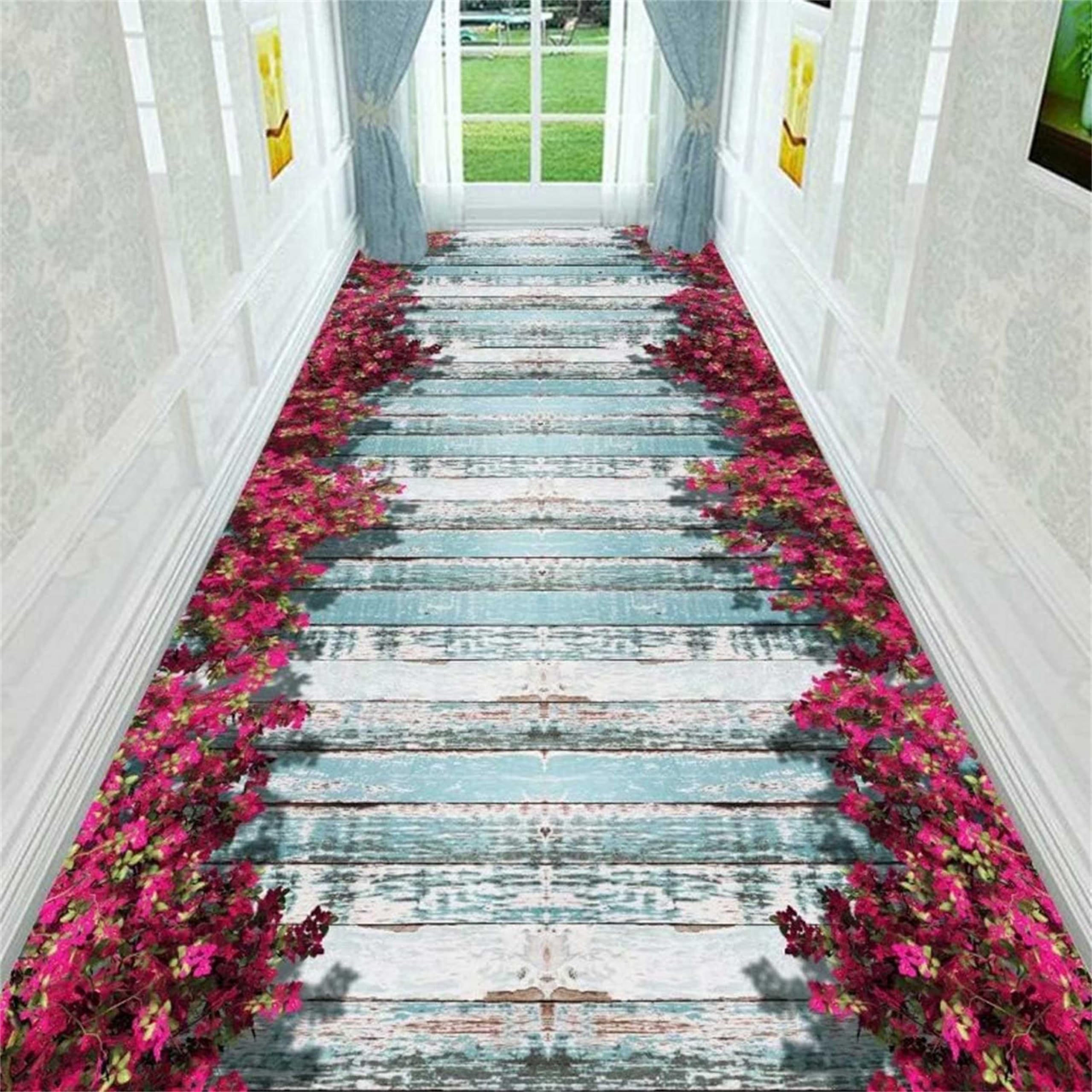 Houient Pastoral Style Runner Rug, 2.6x7ft, Rustic 3D Red Floral Barn Wooden Plank Design Long Corridor Carpet, Anti-Slip Easy Care Floor Mats Bedroom