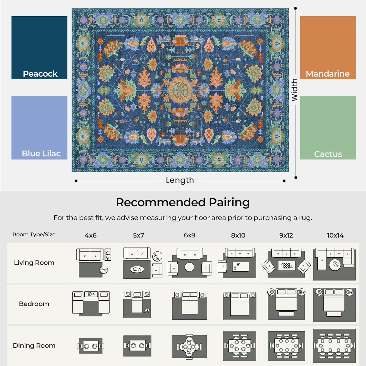 Kokia 9x12 Area Rugs Living Room Washable Non Slip Low Pile Vintage Oushak Stain Resistant Soft Large Oriental Rugs for Bedroom Dining Room Kitchen Indoor Leisure Rooms Navy Blue Rug Peacock Navy/Blue Lilac/Mandarine/Cactus 9' x 12' (Rectangular)