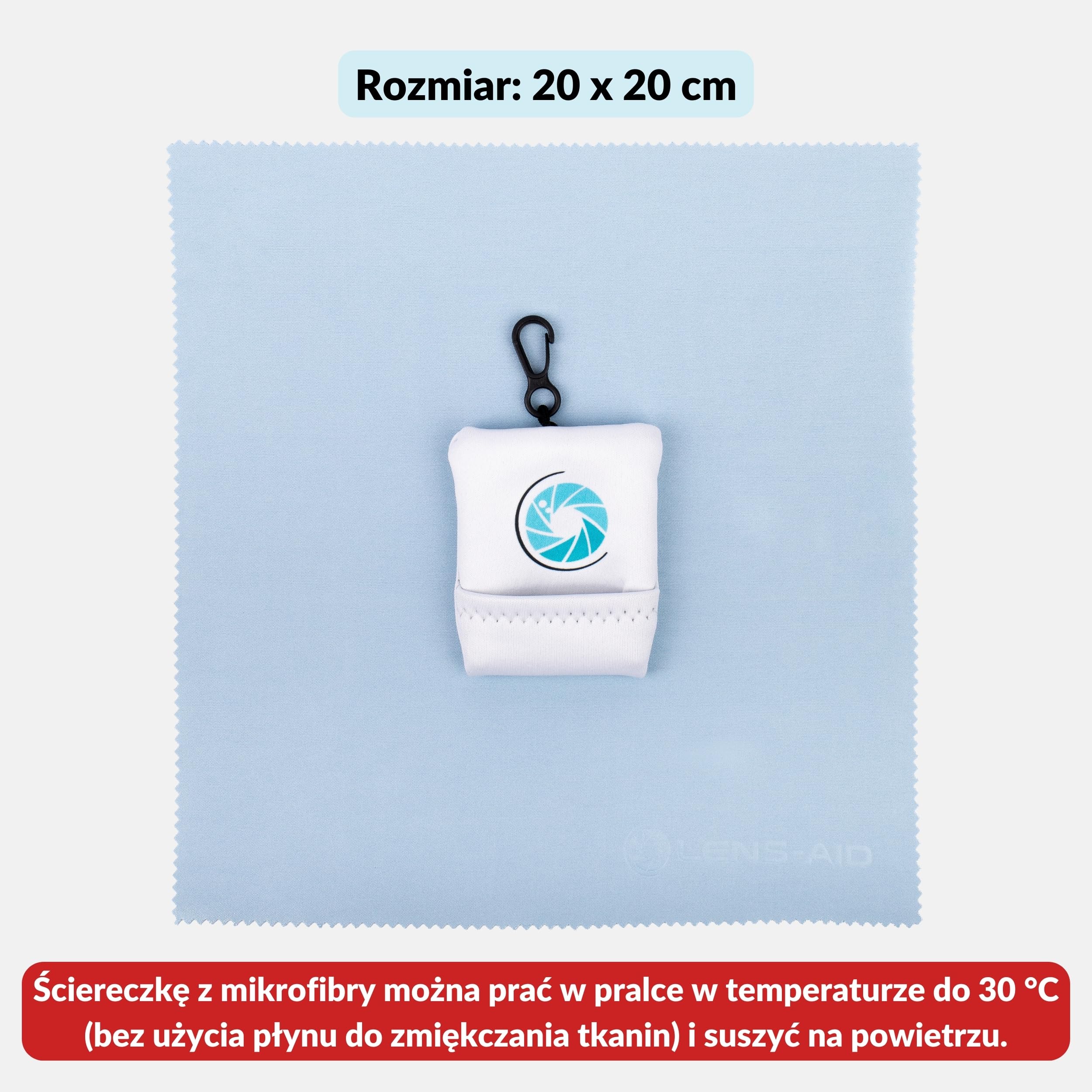 LENS-AID ściereczka z mikrofibry 20x20 cm z etui i karabińczykiem | bezpyłowa, 20 x 20 cm, 190 g/m², pranie w 30 °C, etui z karabińczykiem, aparat, okulary i ekran