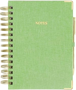 ELYN Lined Spiral Journal, Linen Hardcover Notebook with Matching Gold Gel Pen, 252 Pages, 8 in x 5 in - 100 GSM Premium Paper, Spiral Notebook for Home, Office, Notes & Gifts, Green