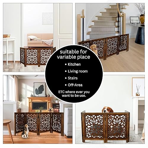 Miniatura 9 de Puerta independiente para perros, puerta plegable de madera para mascotas de 4 paneles para interiores, 72 pulgadas de ancho x 24 pulgadas de alto,