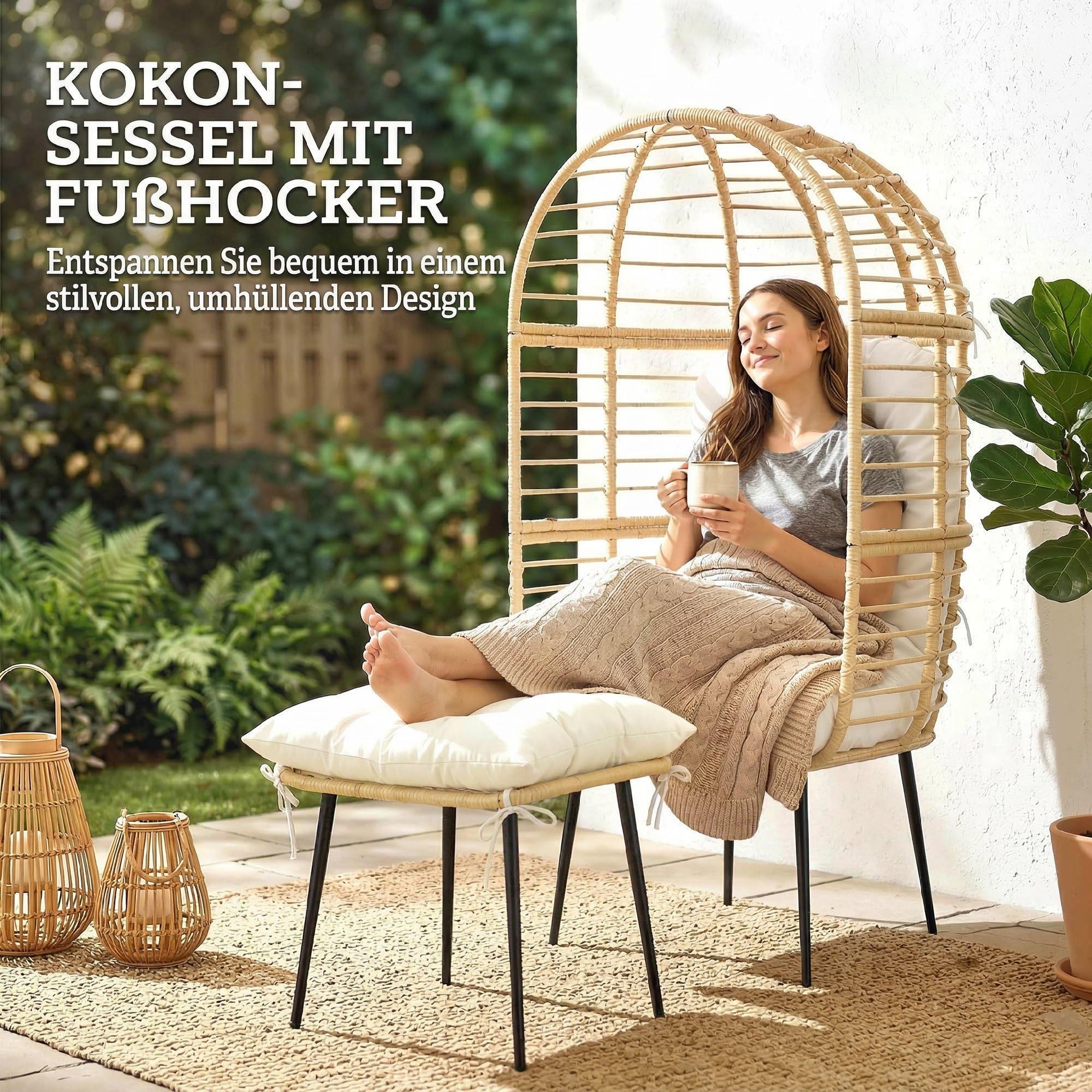 Outsunny Fauteuil de jardin avec tabouret en forme d'œuf - Avec coussins longs et épais - Cadre en métal - Style bohème - Pour salon, jardin, balcon, terrasse - Beige