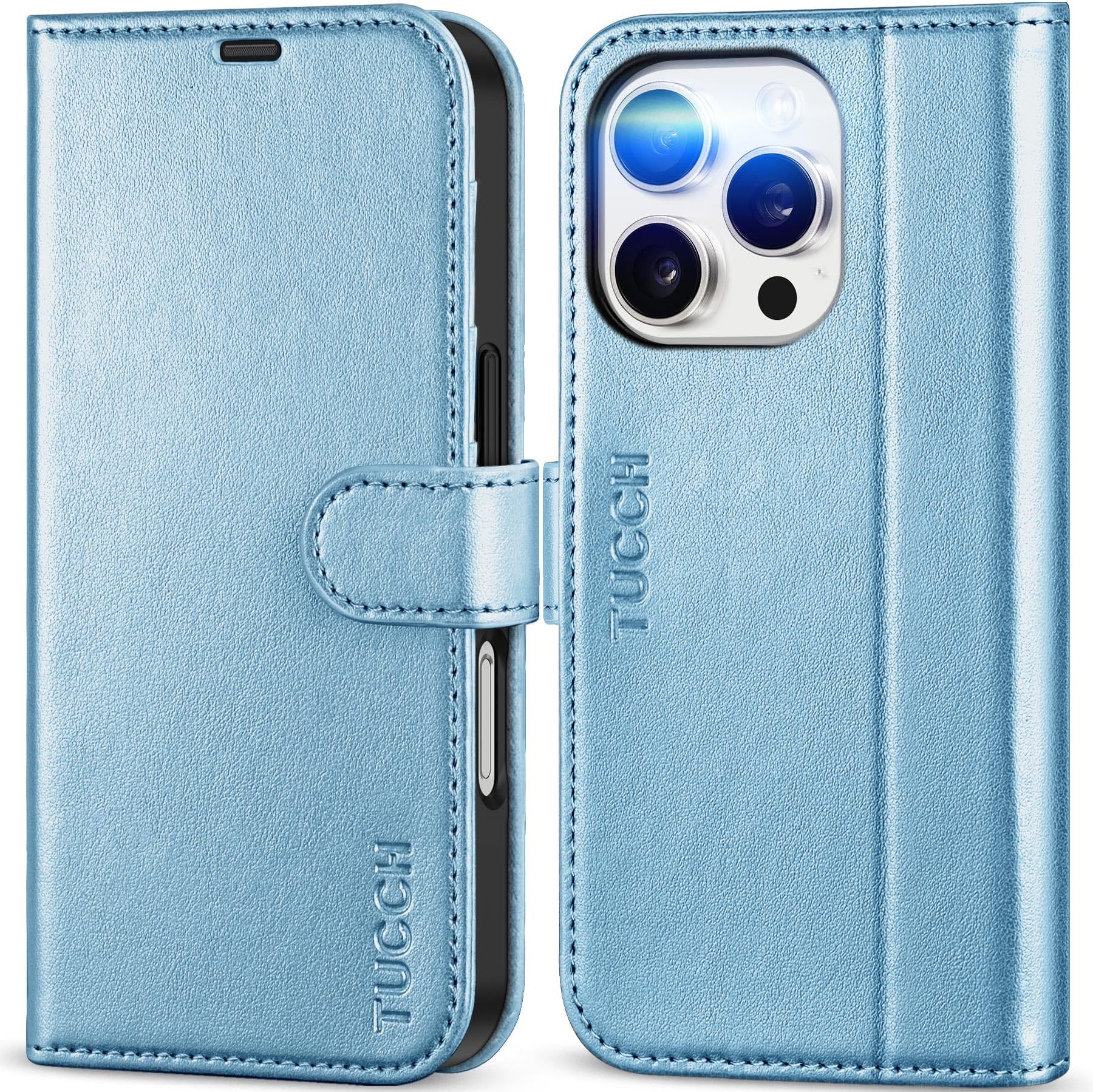 TUCCH Case Wallet for iPhone 16 Pro Max, [RFID Blocking] 4 Card Slot Kickstand [Protective TPU Inner Shell] PU Leather Magnetic Flip Cover Compatible with iPhone 16 Pro Max, Shiny Light Blue