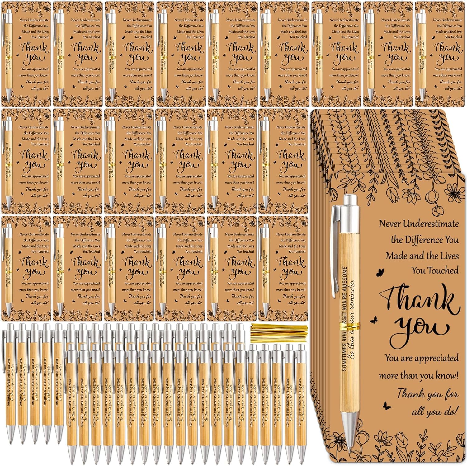 100 Sets Employee Appreciation Gift Bulk Inspirational Bamboo Ballpoint Pens with Motivational Thank You Cards Appreciation Gifts for Volunteer Coworker Teacher Nurse Team Graduation Party Favors