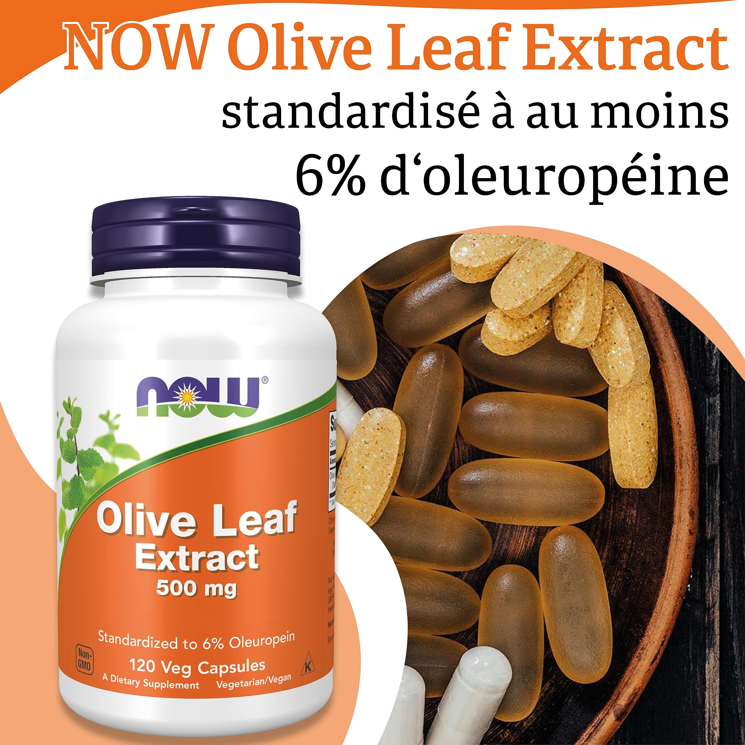 Now Foods, Olive Leaf Extract (Extrait de Feuille d'Olivier), 500mg, 120 Capsules végétaliennes, Testé en Laboratoire, Sans Soja, Sans Gluten, Végétarien, Sans OGM