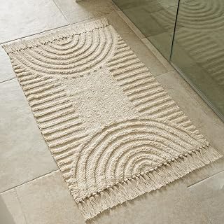 KIBAGA Boho Tassel Bath Rug 2x3 ft - Soft Cotton Non-Slip Mat, Machine Washable for Bathroom, Bedroom Decor