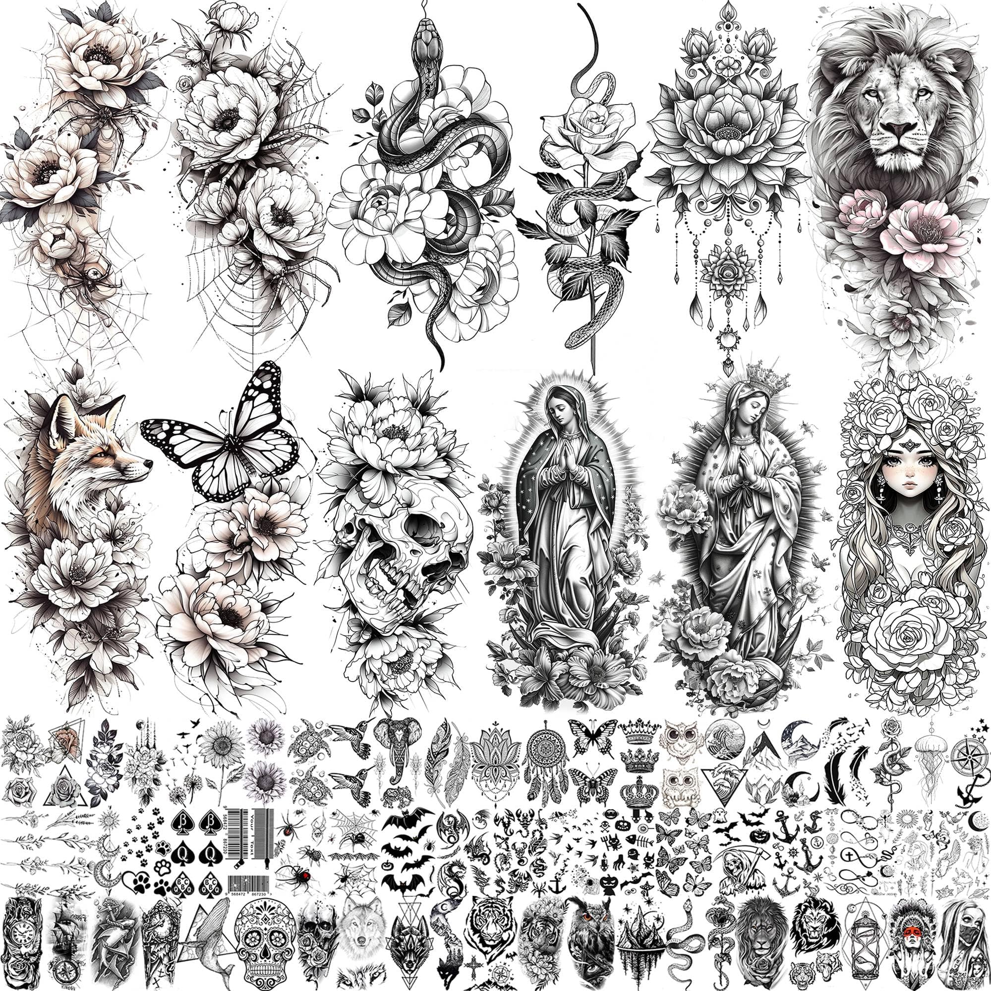 75 Sheets Black Realistic 3D Rose Flowers Temporary Tattoos For Women Girls Adults, Guadalupe Virgin Mary Lotus Snake Peony Florals Blossom Fake Tattoo Stickers Forearm Lion Fox Spider Web Skull Lotus