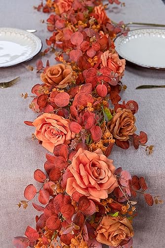 Anna's Whimsy Guirnalda de eucalipto artificial de 5.91 pies con flores, decoración de otoño, guirnalda de rosa falsa de gypsophila, guirnaldas