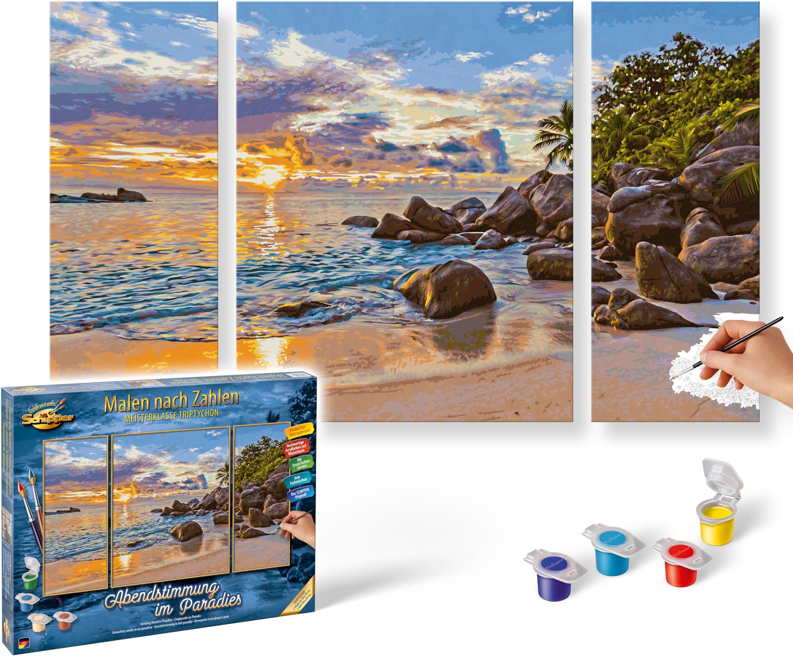 Schipper 609260906 Painting by Numbers - Evening Mood in Paradise - Painting Pictures for Adults, Includes Brush and Acrylic Paints, Triptych, 50 x 80 cm