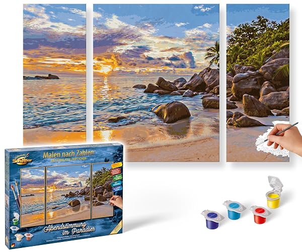 Schipper 609260906 Malen nach Zahlen – Abendstimmung im Paradies - Bilder malen für Erwachsene, inklusive Pinsel und Acrylfarben, Triptychon, 50 x 80 cm