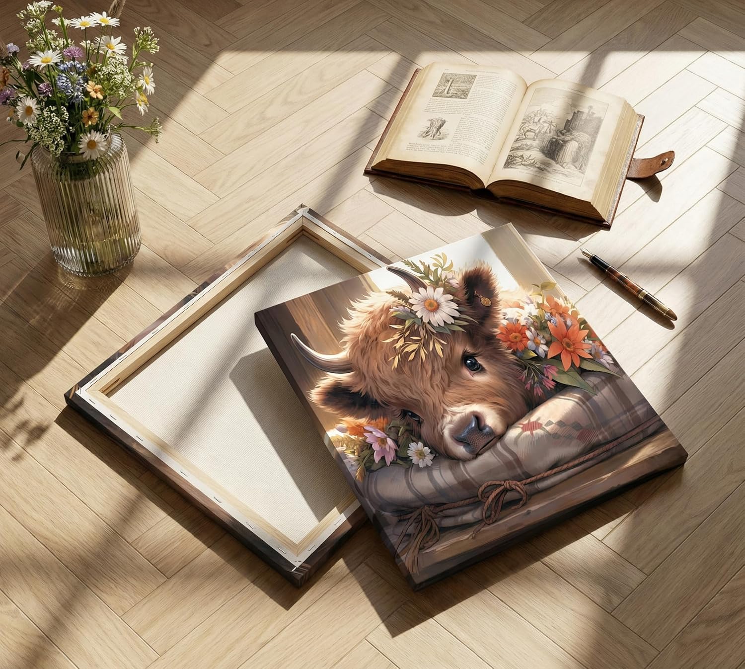 VeeFeng Cute Highland Cow Baby Canvas Wall Art Rustic Farmhouse Daisy Print Wall Decor Picture Amiable Baby Calf Poster Home Decoration Aesthetics forAny Scene Such As Bedroom and Living nursery Room