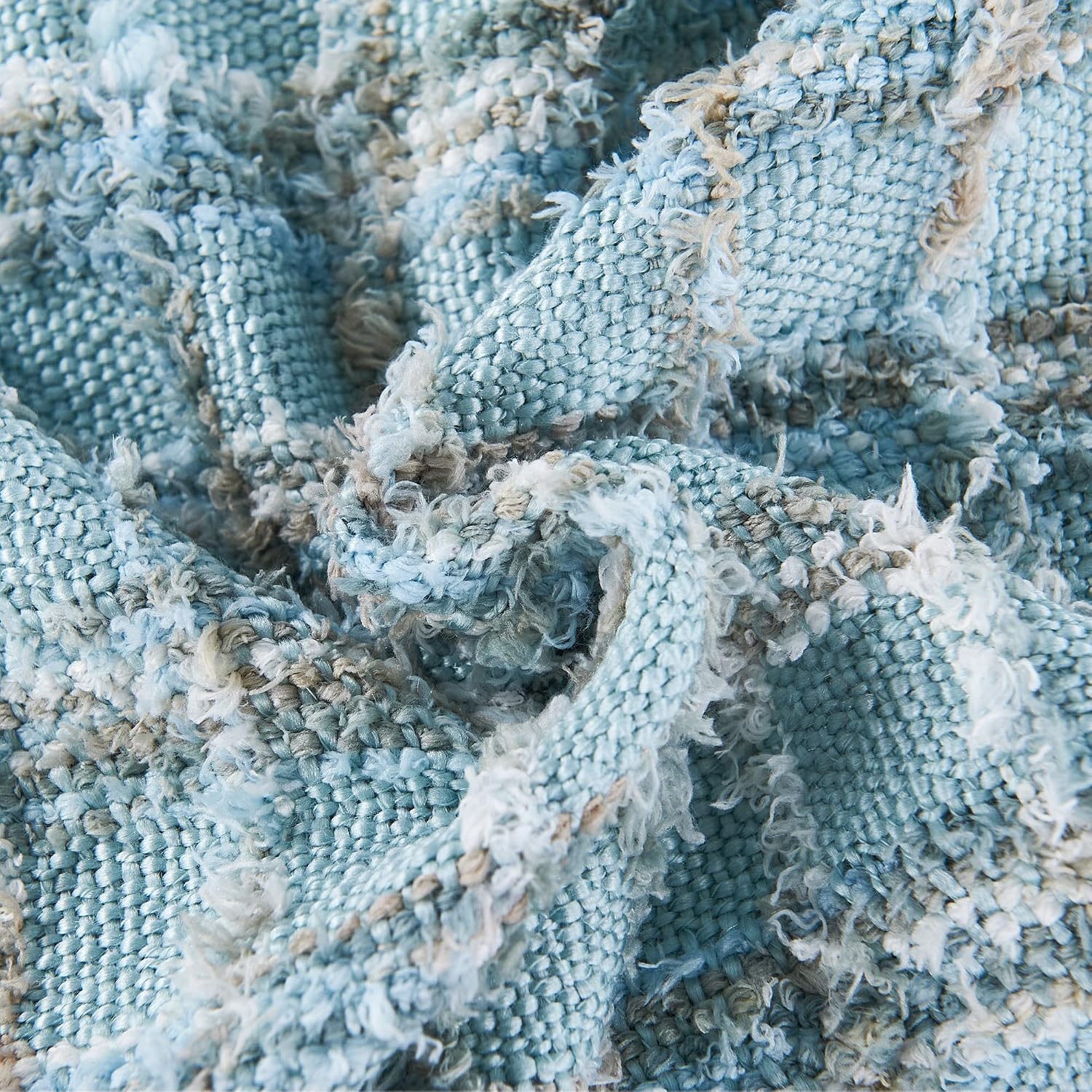 HESTIN Plaid Colored Fringe Tassels Throw, Warm Reversible Lightweight Blankets for Couch, Sofa, Bed, Camping, Outdoor Throw- All Seasons, Sky Blue, 50" x 60"
