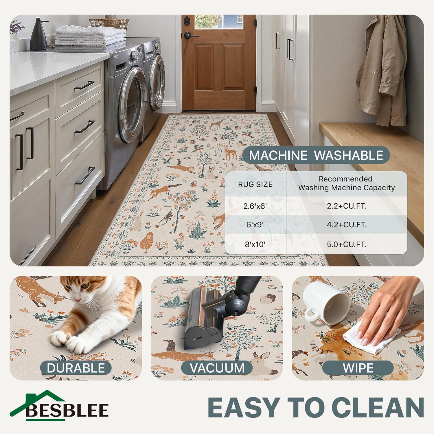 5FT Round Rug Machine Washable, Animal Print Floral Low Pile Non-Shedding Pet Friendly Circle Rug Non Slip for Bedroom Nursery Entryway Dining Room Playroom, Beige