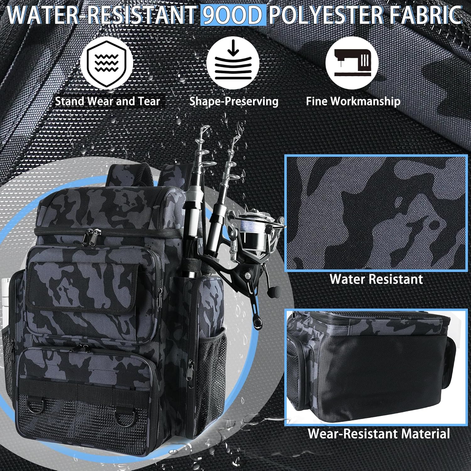 Fishing Tackle Backpack With Rod Holders, 45L Large Tackle Bag & Fishing Tackle Backpack for Fishing, Camping, Hiking,Camouflage