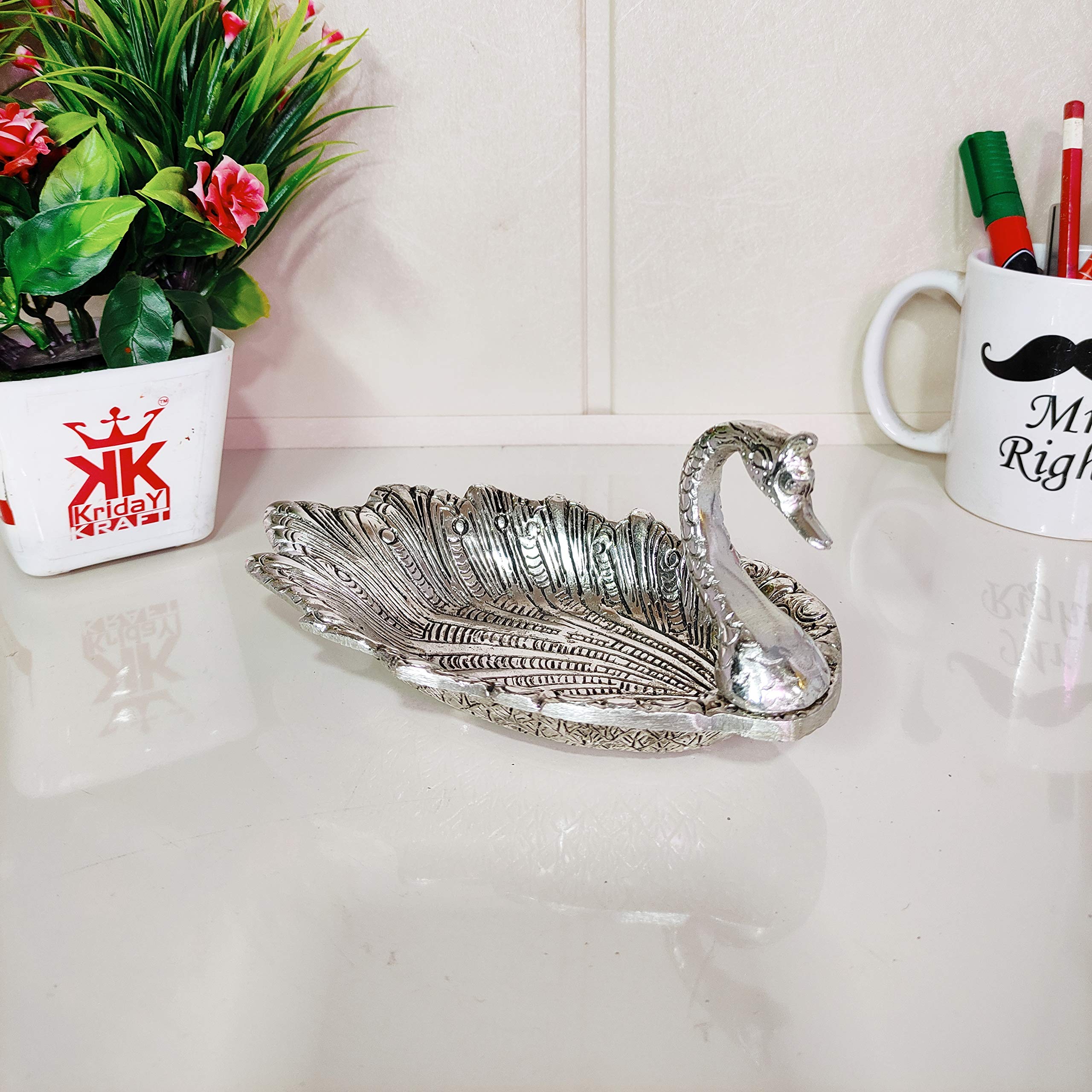 Kridaykraft Metal Duck Shape Decorative Dryfruit Tray Bowl Silver Finish for Table and Home Decorative (19 x 9 x 10 cm, Silver)-image-5