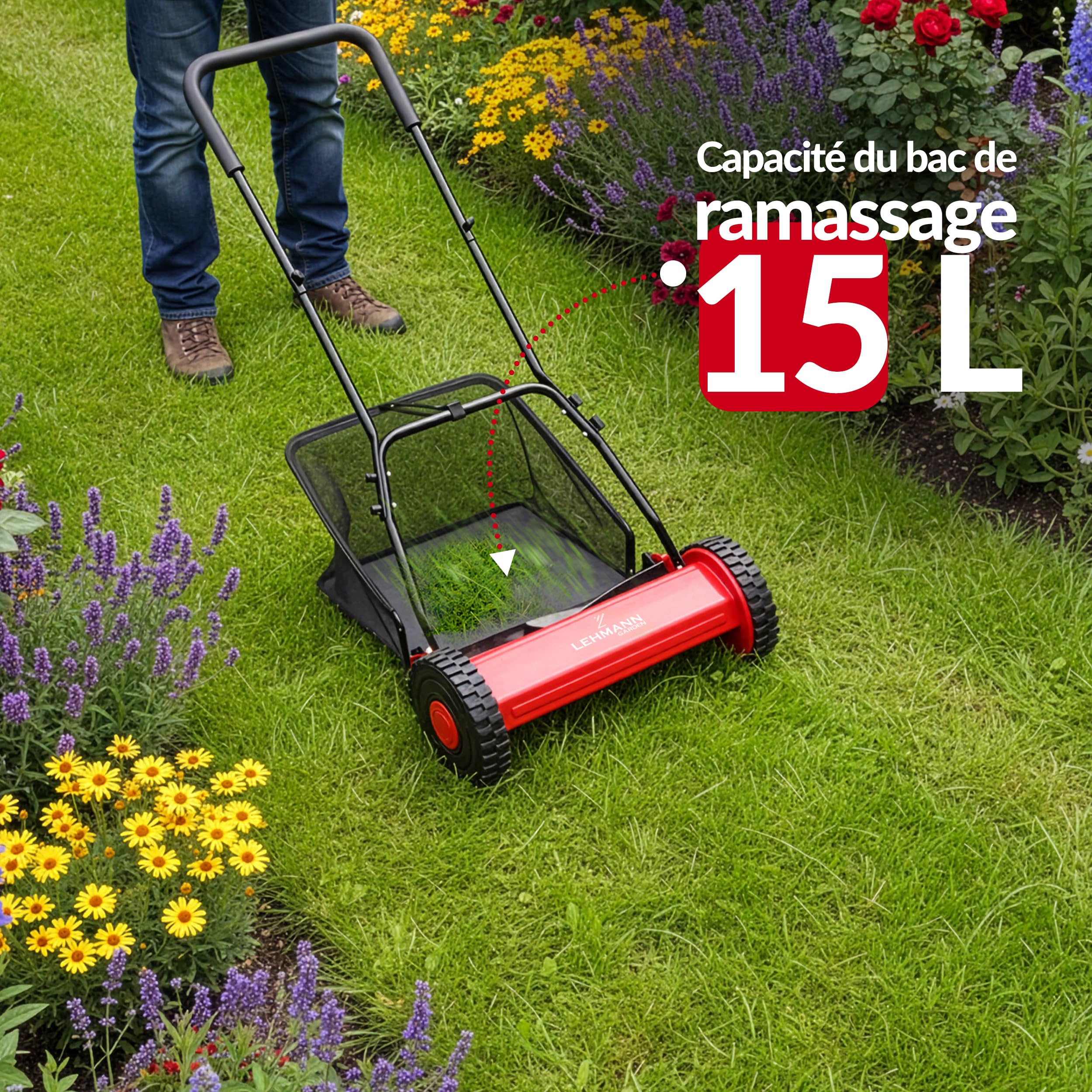 LEHMANN Tondeuse Hélicoïdale 40 cm avec bac 15 L – Tondeuse Manuelle pour pelouse sans électricité, mécanique avec 5 Lames, Hauteur de Coupe réglable 15–43 mm, poignée Pliable