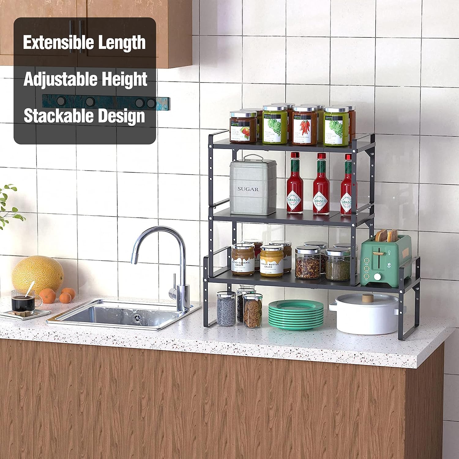 Expandable Kitchen Cabinet Storage Shelf, Stackable Metal Pantry Storage Shelves Organizer, Adjustable Height Counter Spice Rack for Kitchen Cabinet, Countertop, Pantry and Office
