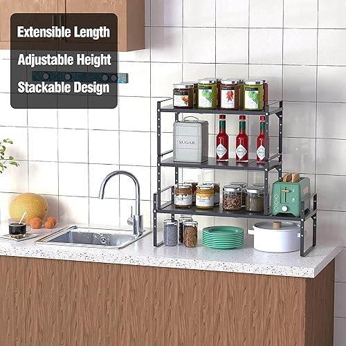 Miniatura 5 de Estante de almacenamiento expandible para armario de cocina, organizador de estantes de almacenamiento de despensa de metal apilables, estante de