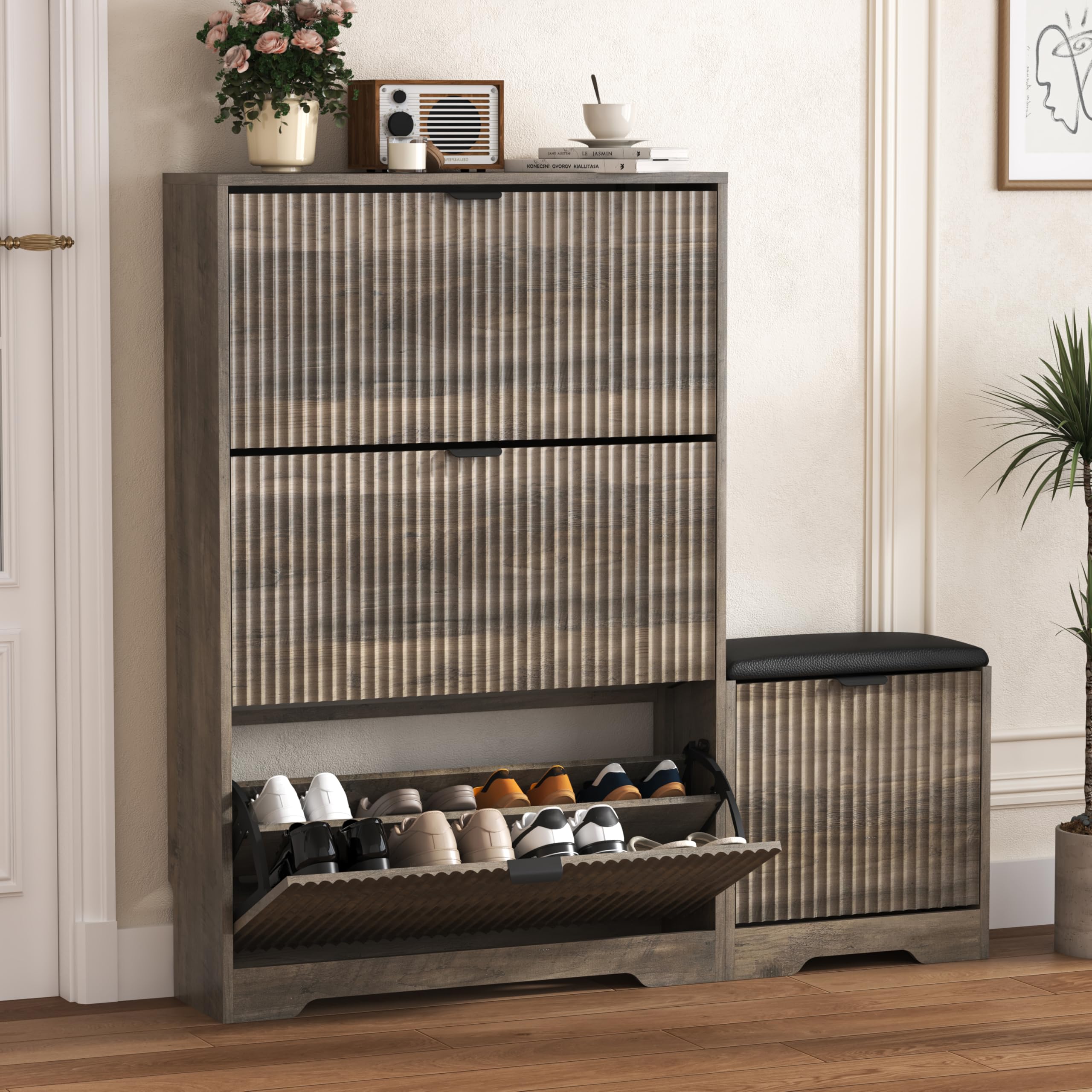 HUANLEGO Shoe Cabinet Storage for Entryway with Flip Drawer &amp; Bench, Grey