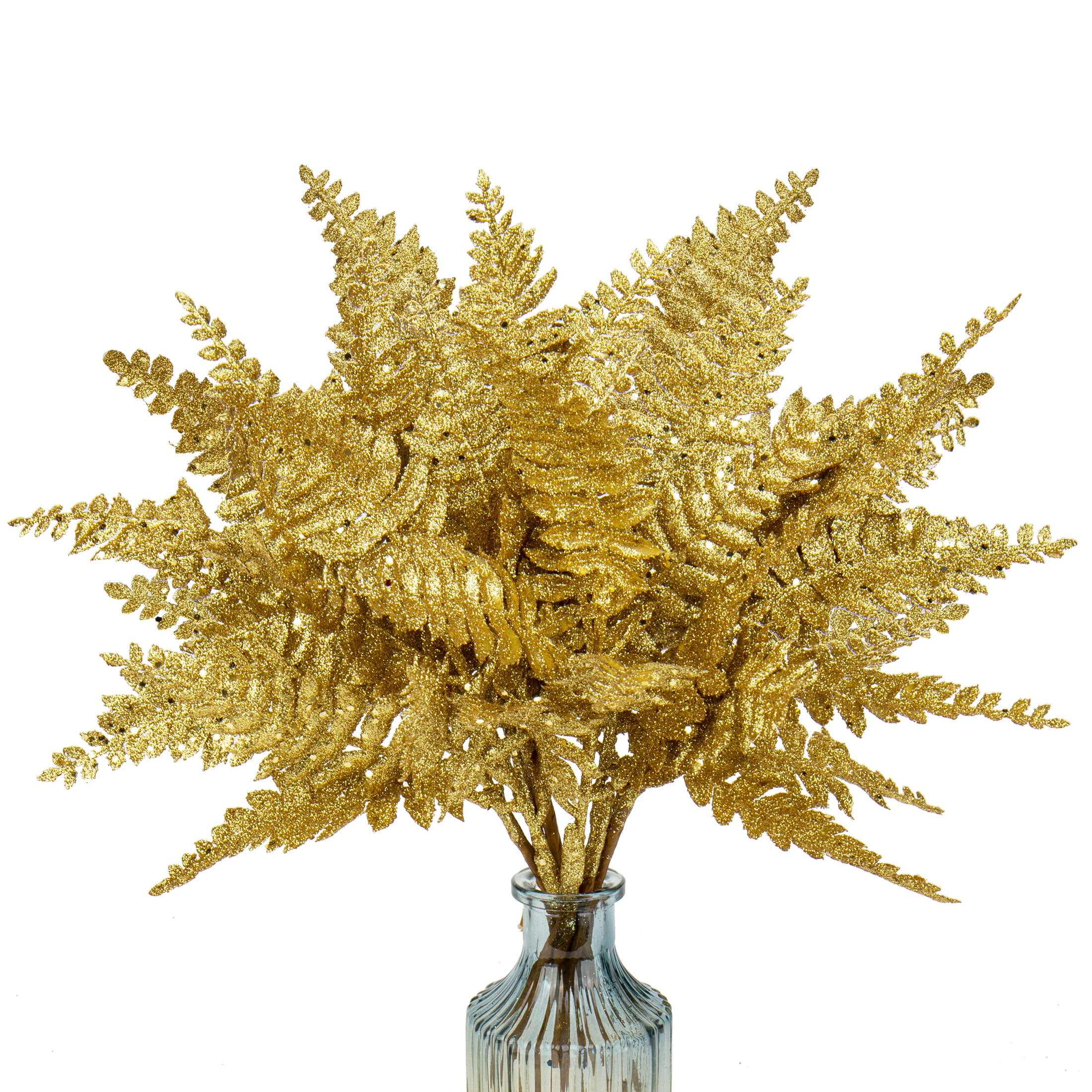 DILATATA 20 Pcs Christmas Glitter Fern Leaves 11" Gold Artificial Glitter Leaf Spray Christmas Tree Picks for Xmas Wreath DIY Garland Home Decor - Gold