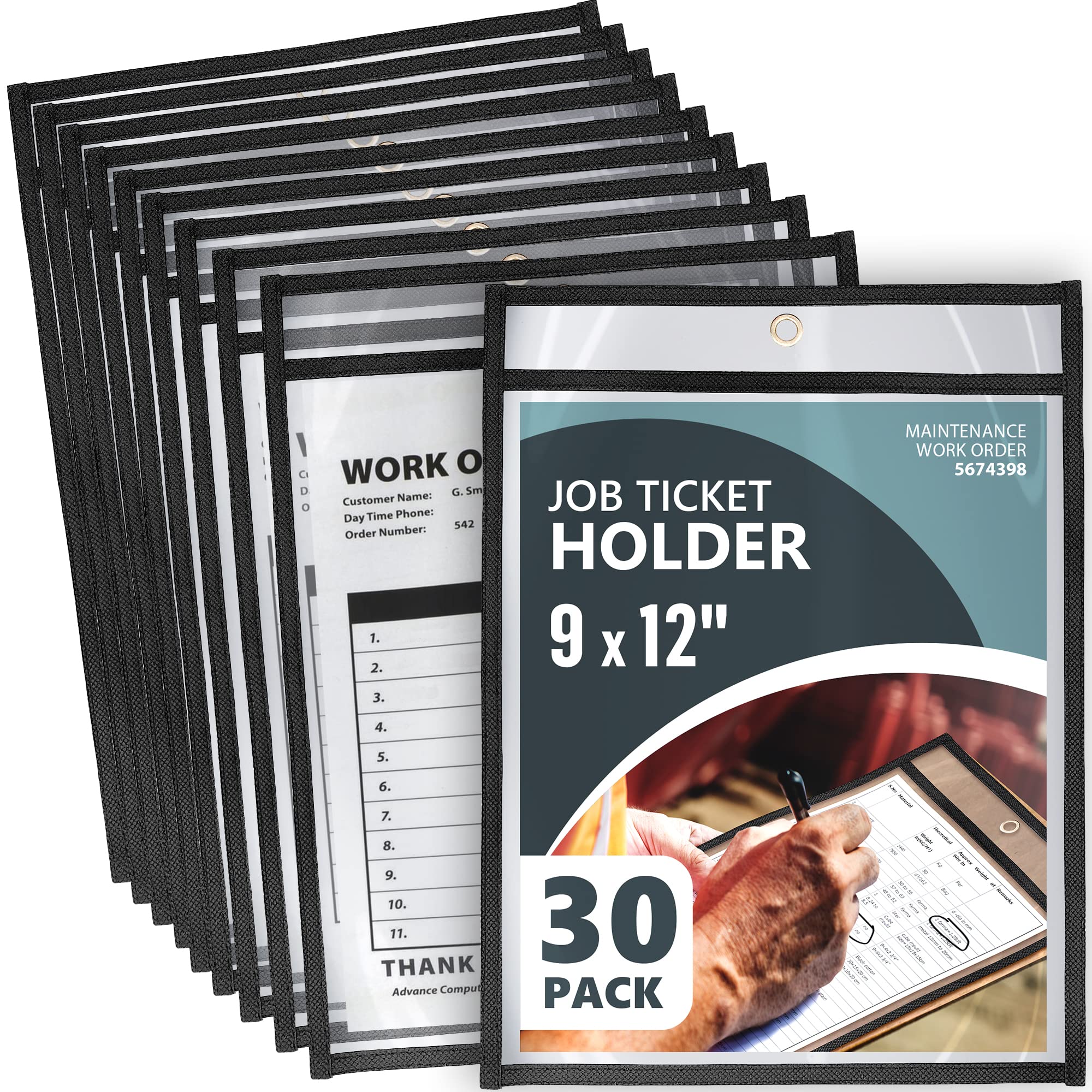 Paquete de 30 soportes para boletos de trabajo de 9 x 12 pulgadas, color negro, fundas de plástico resistentes de 9 x 12 pulgadas, fundas de plástico transparentes en ambos lados, bolsillos