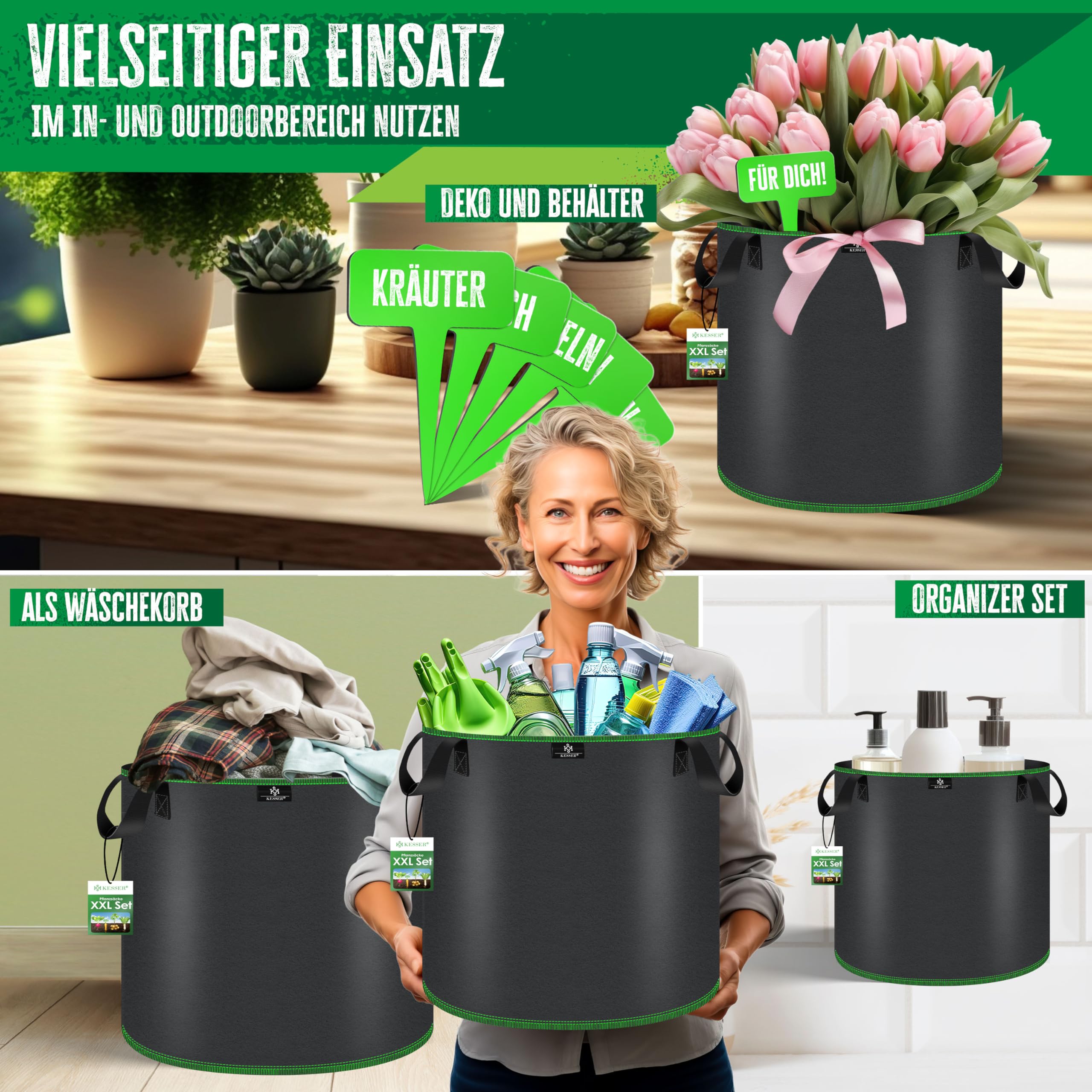 KESSER® Bolsa de Plantación 190 litros - 4er Set | Bolsas de Plantación de Tela no Tejida Incl. Etiqueta y Guantes de Jardín | Bolsa de Plantación de Patatas con Ventana y Asas - Negro