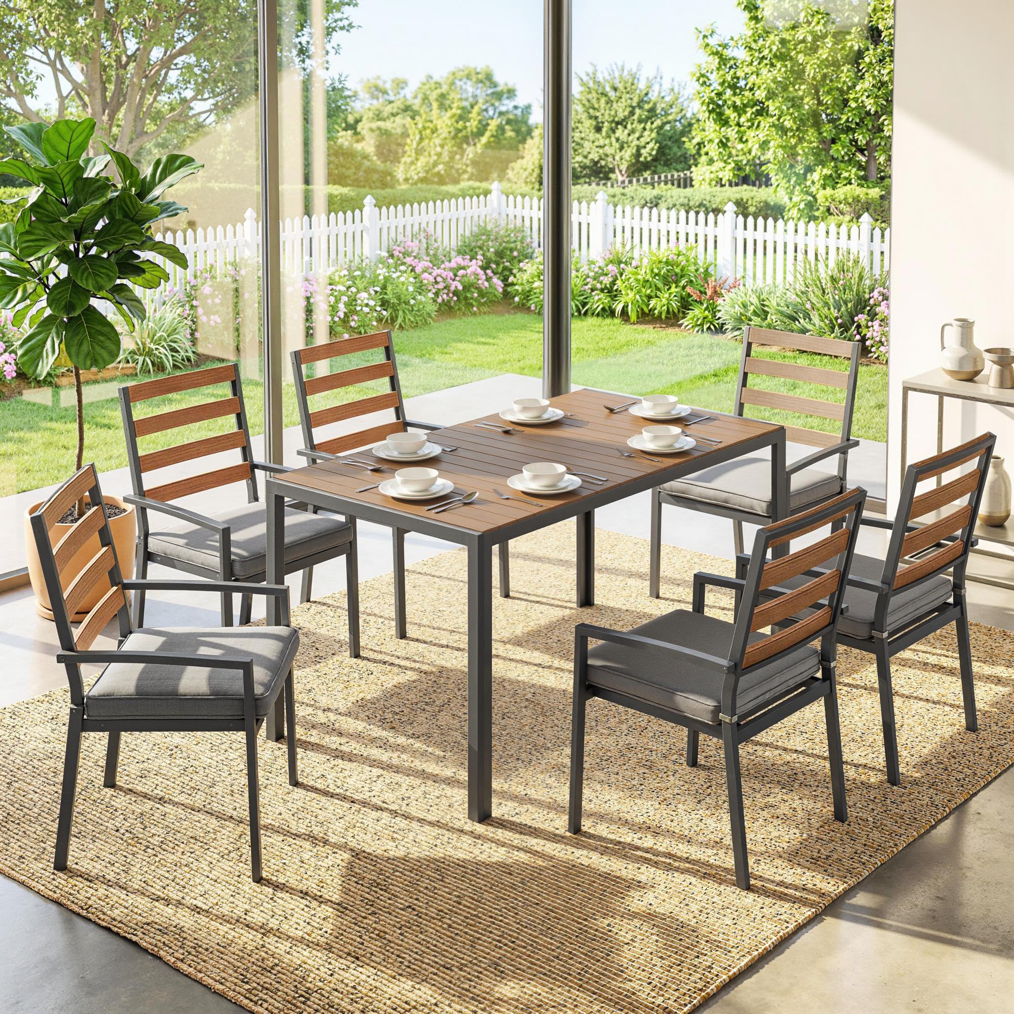 Outsunny 7 TLG. Sitzgruppe Gartenmöbel-Set, Gartengarnitur mit 1 Esstisch, 6 Stühlen, Sitzgarnitur mit Kissen, für Terrasse, Naturholz