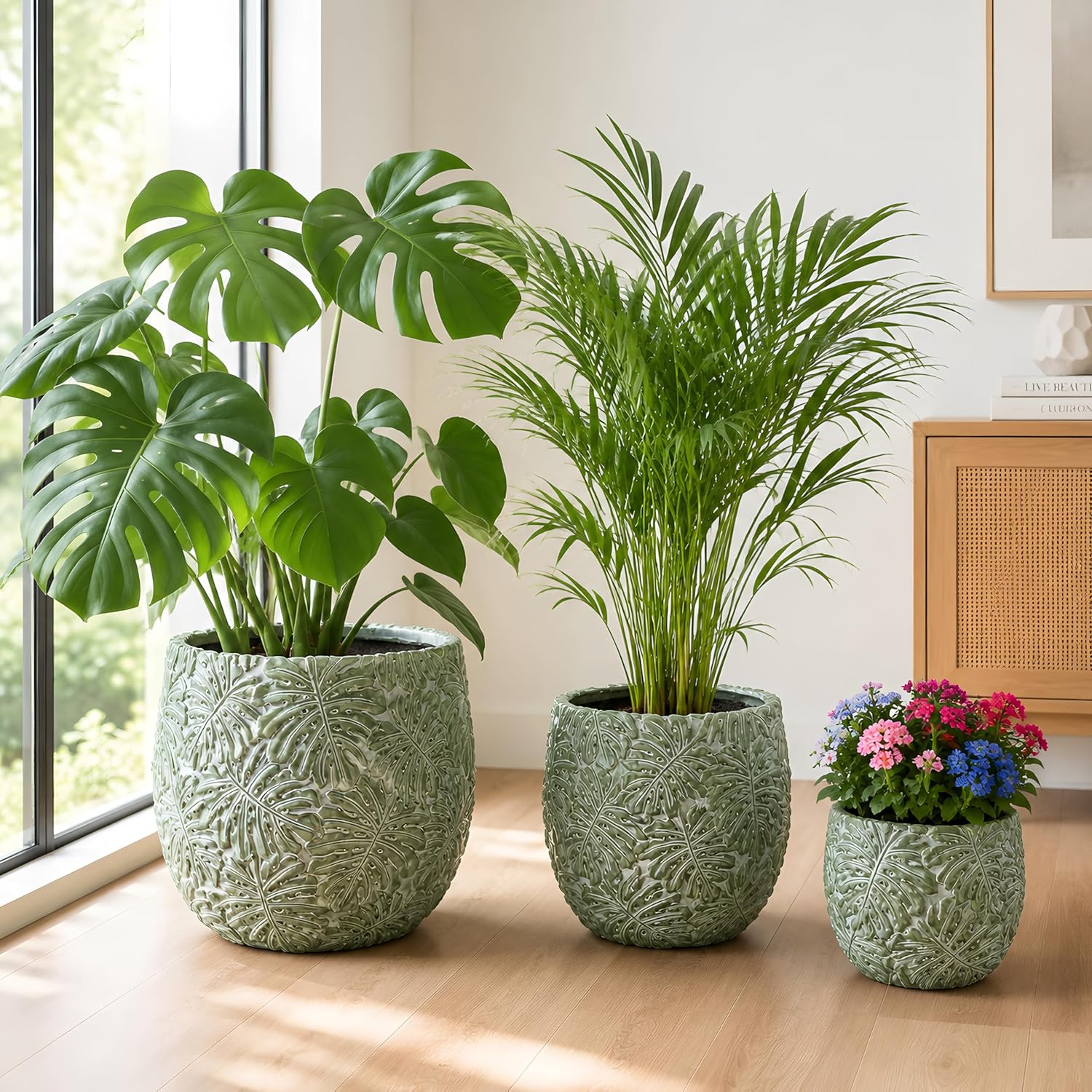 Craft flowerpots 18"+13"+9" Dia Round Concrete Planter Set of 3 Large Outdoor/Indoor Planter Pots Containers with Drainage Holes and Rubber Plug for Home Garden (Green, Large)