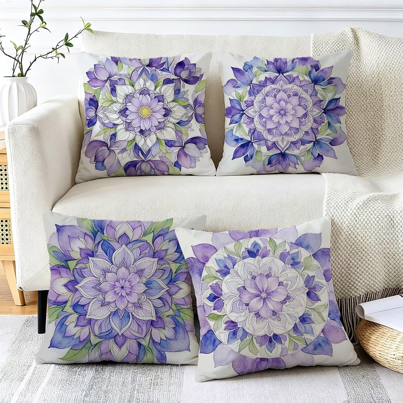 Viola Federe Cuscini Divano 45x45cm, Cuscini da Esterno Set de 4, Cod-310 | Lin Copricuscini Decorativi Letto Arredo, per Letto, Soggiorno, Giardino, Esterno, Casa Decorazione Set di 4 Fiore