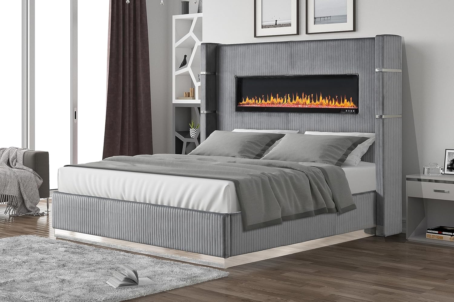 Amazon.com: Fireplace Bed Frame - Luxury Bed Frame with Fireplace Display and Wingback Headboard ...