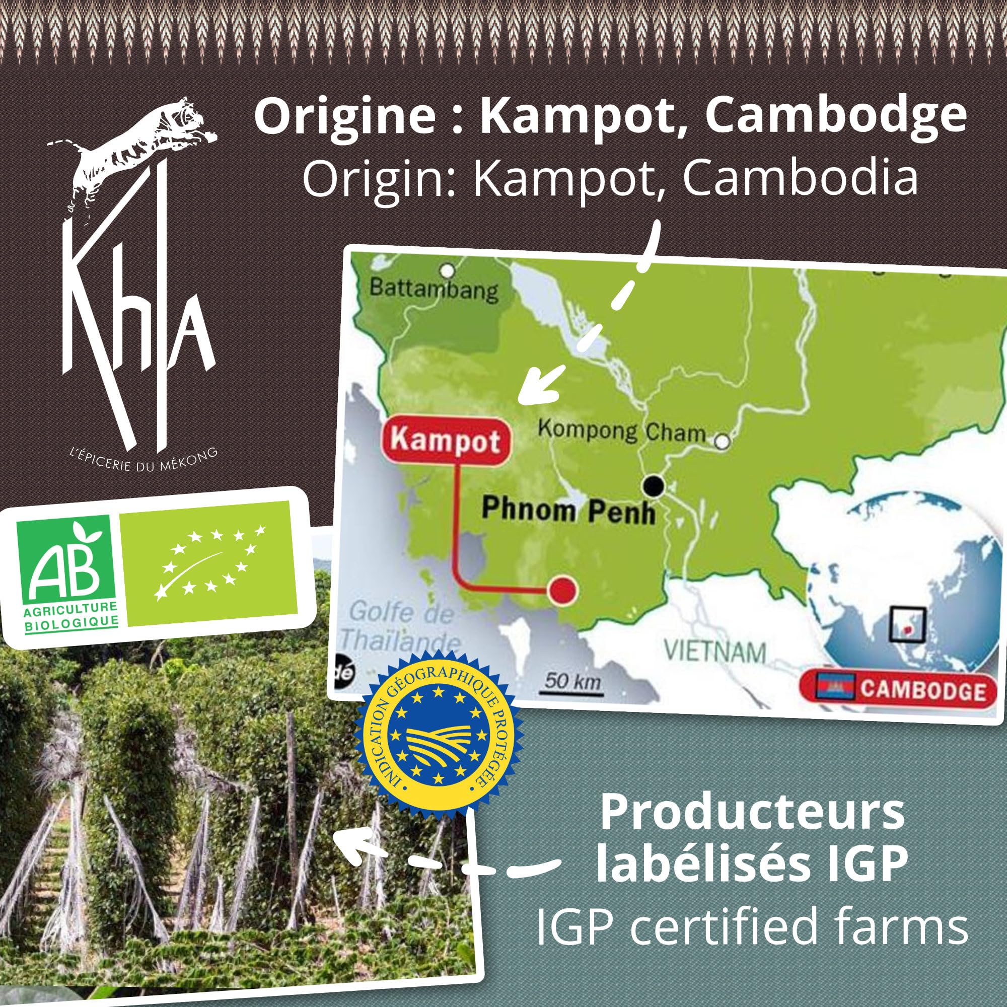 Khla - Coffret Moulins Poivres & Sel de Kampot - Coffret Cadeau - Poivre Noir, Poivre Blanc & Fleur de Sel - Grands Crus Rares - Poivre du Monde - Moulins Rechargeables - Origine Cambodge