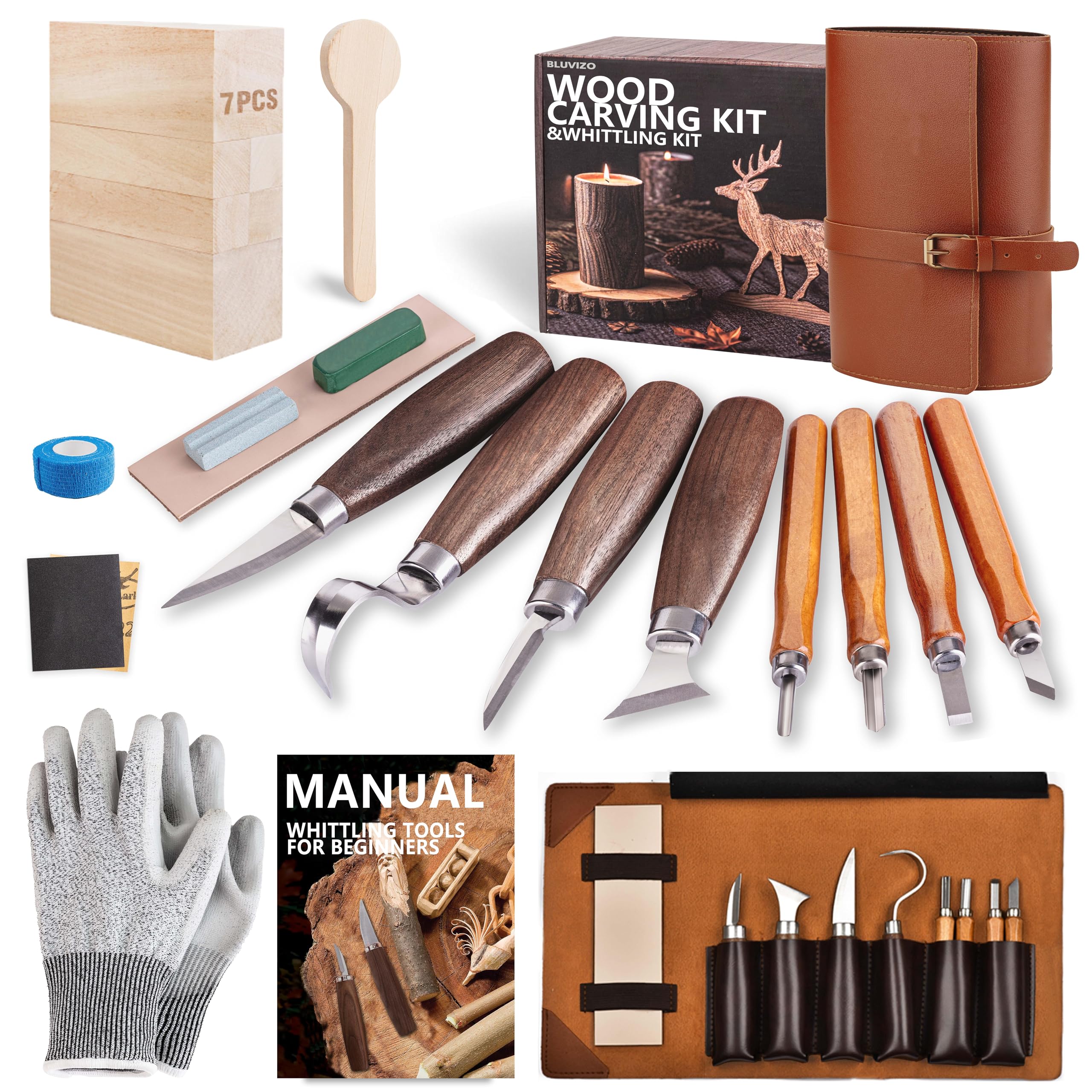 Wood Carving Kit Whittling Kit: Deluxe Wood Carving Tools Set with Leather Case - Wood Carving Knife with Basswood Blocks Woodworking Widdle Gift for Beginners Kids Adults Hobby