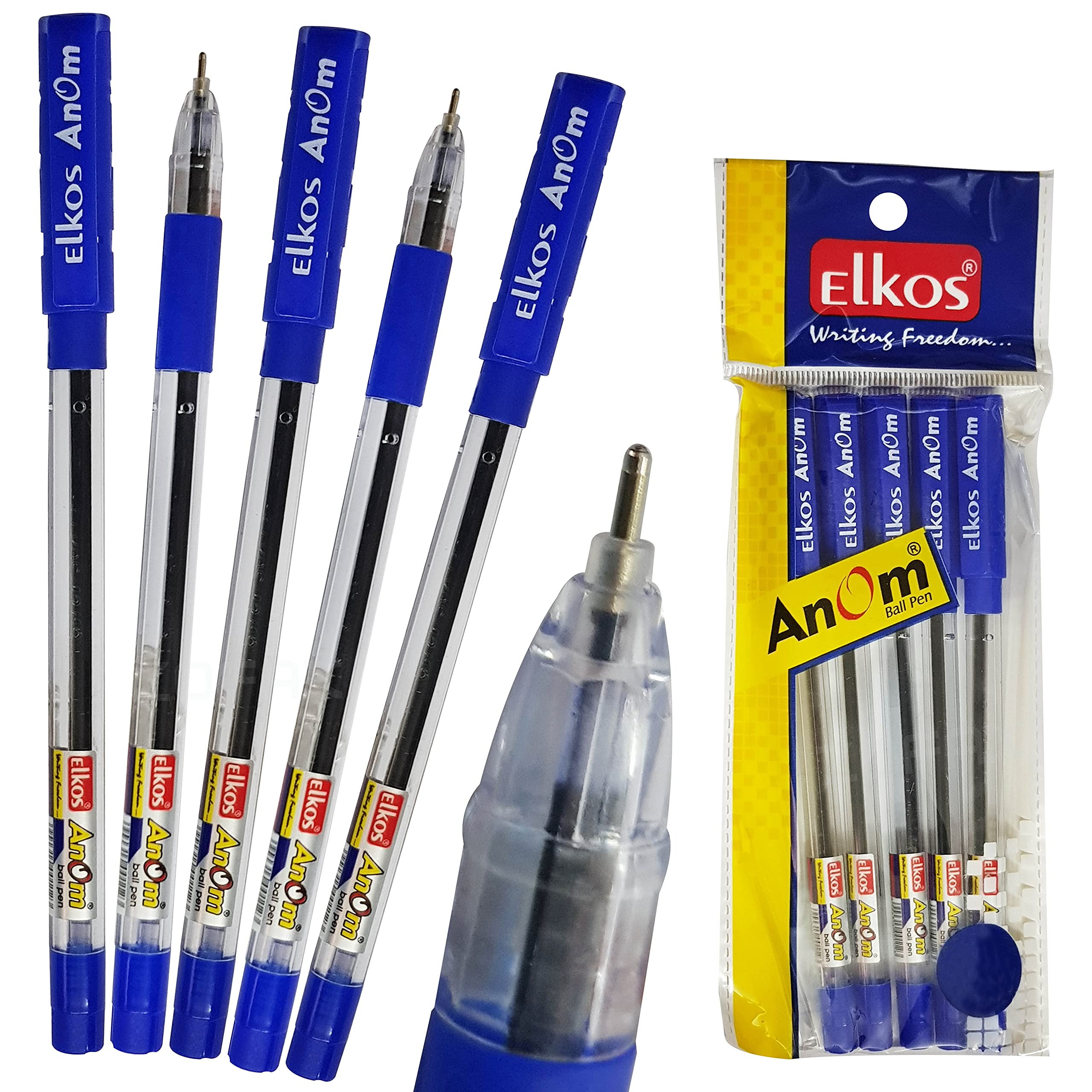 ELKOS BLUE Ballpoint Pens, 0.7mm Fine Point, Pack of 10, Anom Ball Pens, Smooth Biros, Soft Grip, School Office Home Use, ZOFAX Black Ball Pen