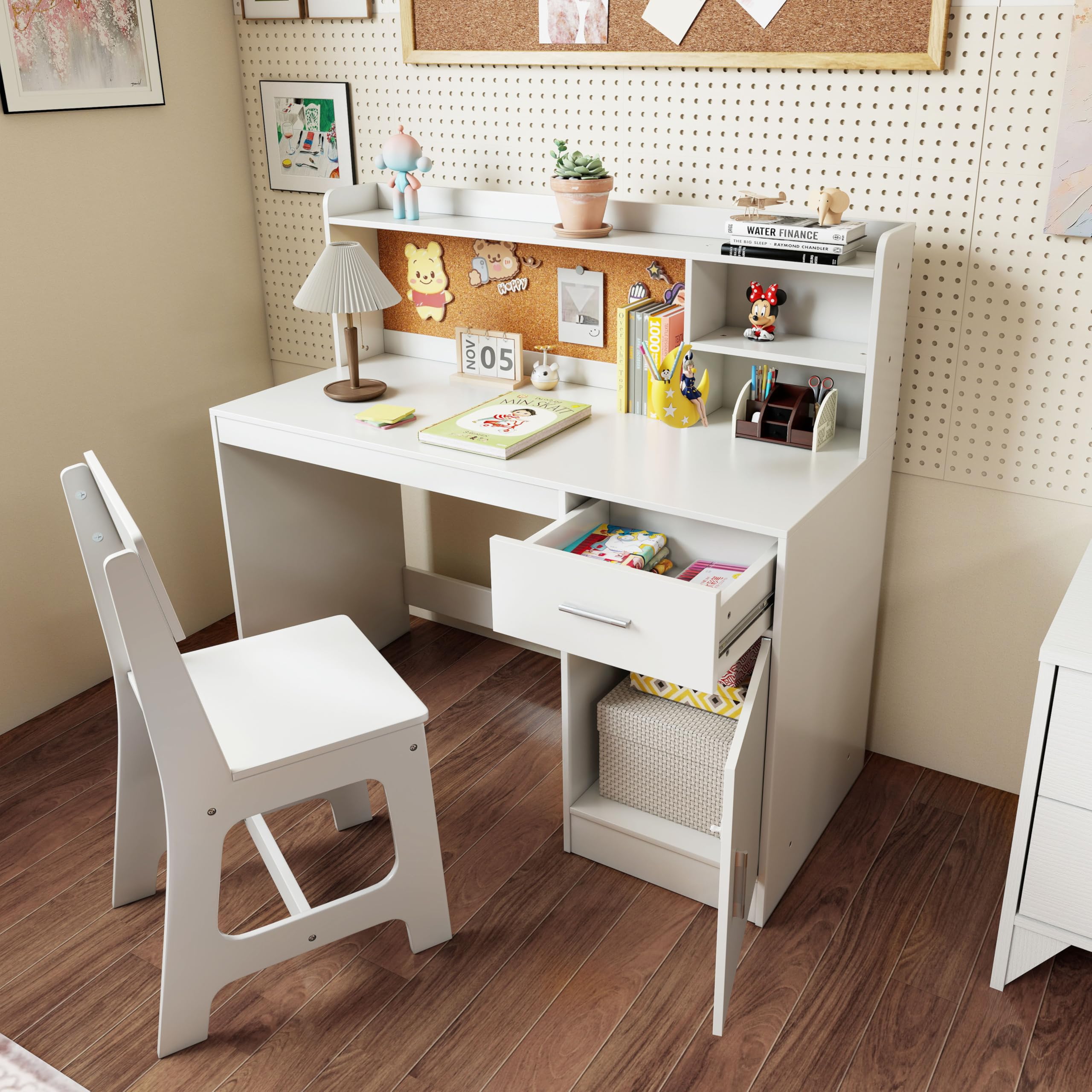 COSTWAY Kinderschreibtsich mit Stuhl, Schreibtisch Kinder aus Holz mit Regalen, Schubladen & Schrank, Jugendschreibtisch für Kinderzimmer, Lerntisch für Jungen, Mädchen ab 3 Jahren (Weiß)
