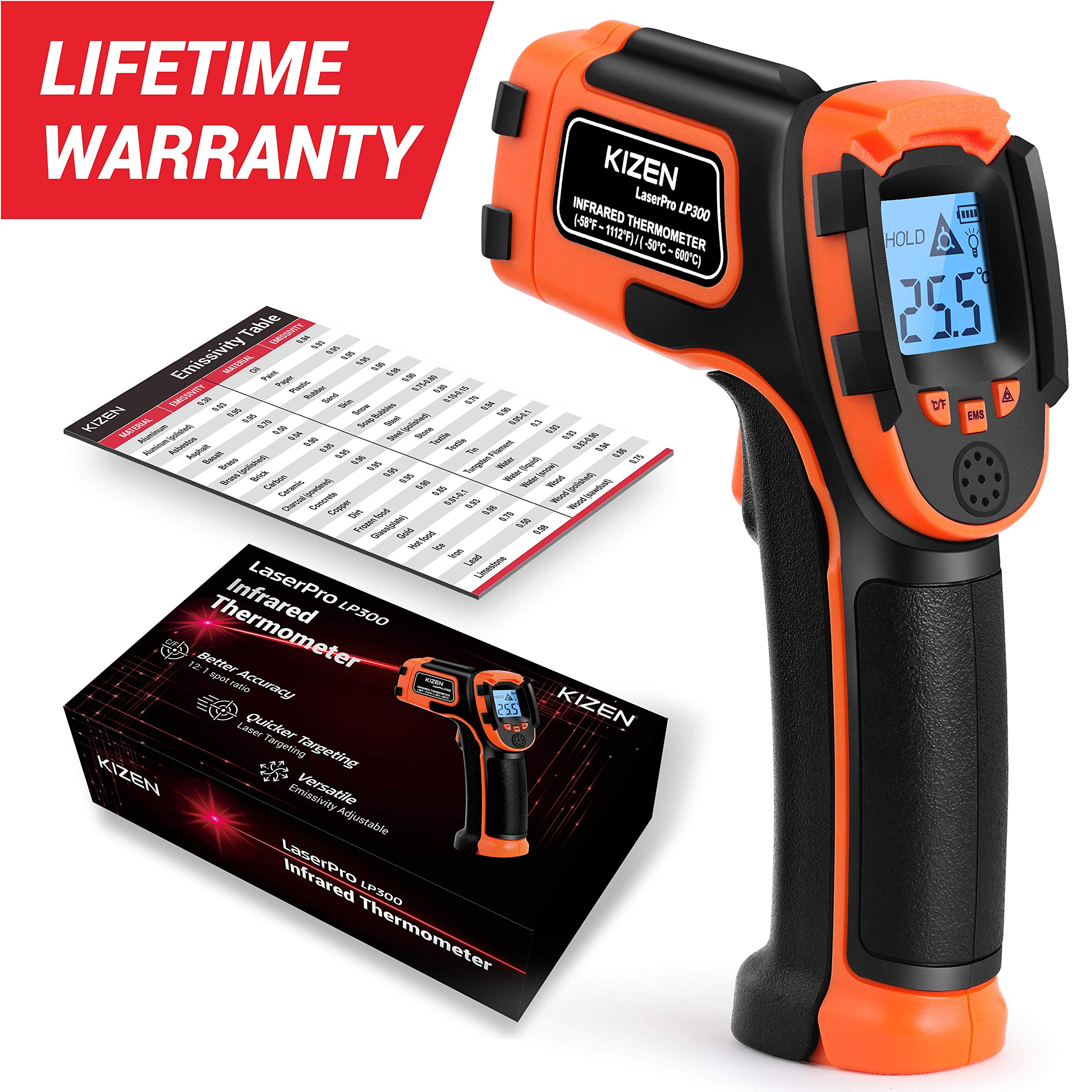 Kizen LaserPro LP300 Infrared Thermometer Non-Contact Digital Laser Temperature Gun with LCD Display -58℉～1112℉(-50℃～600℃) Adjustable Emissivity (NOT FOR HUMANS)