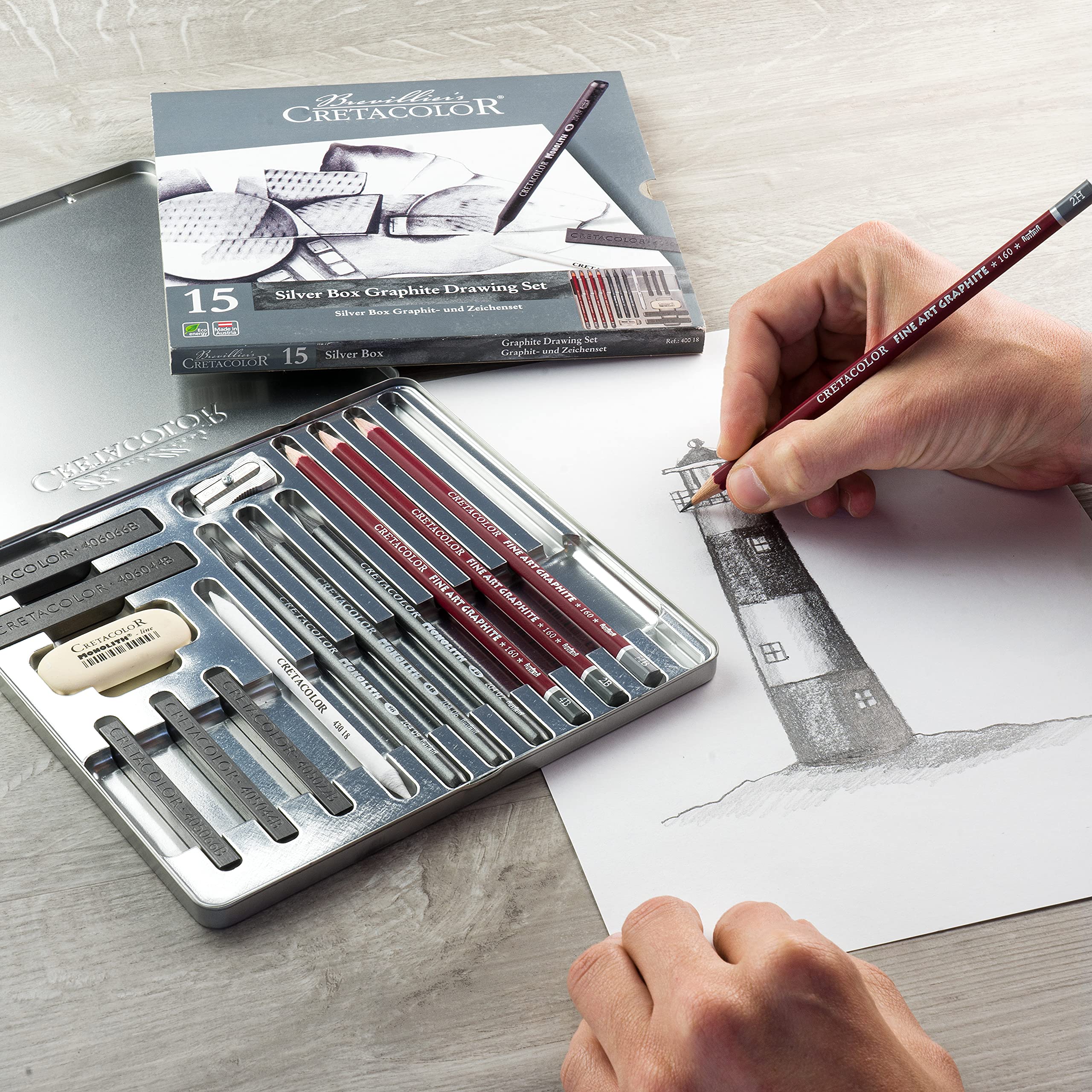 CRETACOLOR Silver Box Graphite Drawing Set, set de dessin en graphite, 15 pièces, pour débutants et professionnels, dans un étui métallique, y compris gomme