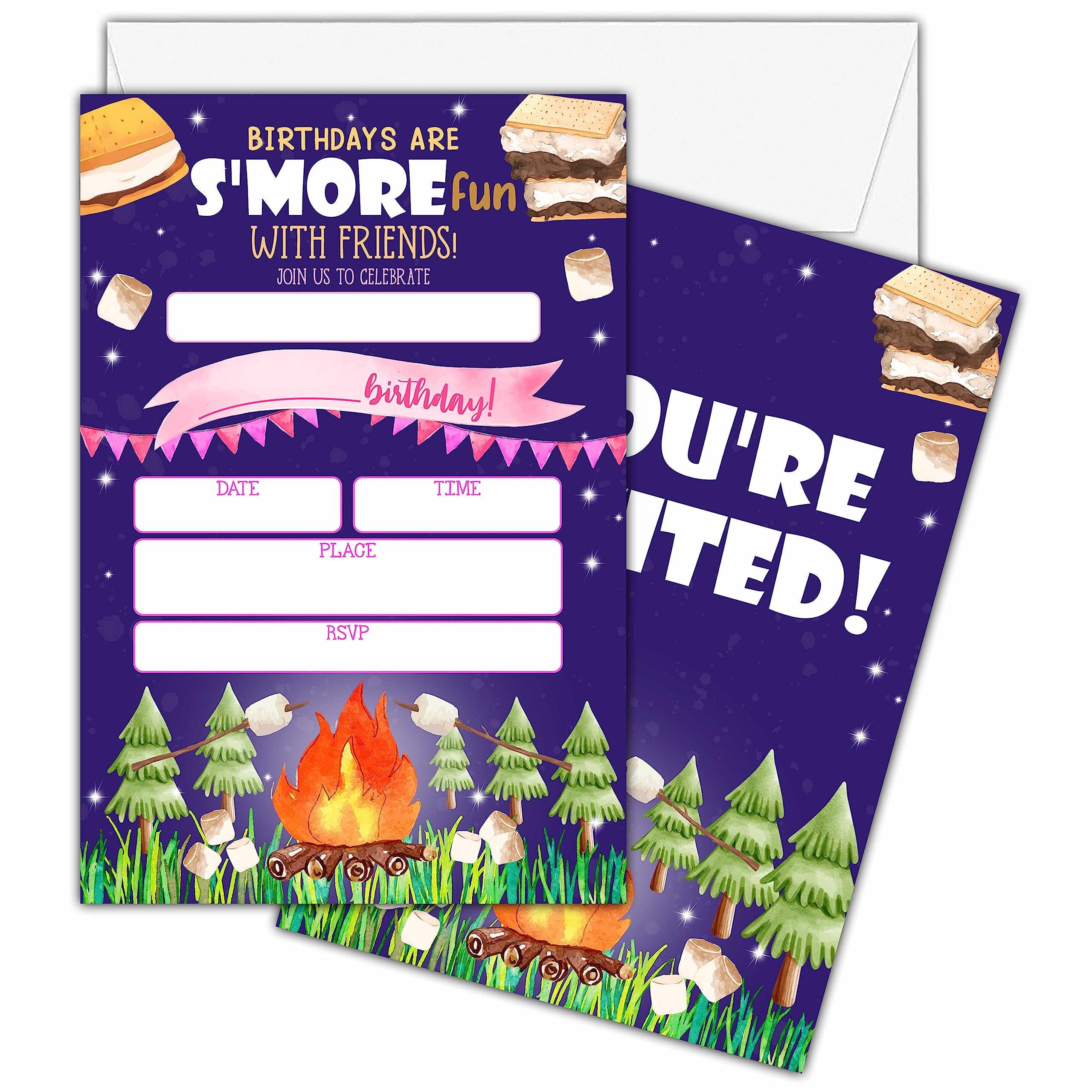Camping S'mores Birthday Invitations Cards, S'more Bonfire Birthday Party Invitations for Teens Boys & Girls, Slumber Party Favors Decorations and Supplies, 20 Cards With Envelopes (4" X 6") - C006