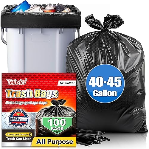 Teivio Black Trash Bags 40-45 Gallon 100 Bags w/Ties | Large Multipurpose | Fit 39,40,42,44,45 gallon Garbage Bags | Kitchen | Lawn And Leaf Bags Outdoor Yard Waste Bag | Workshops Trash Bin Liner