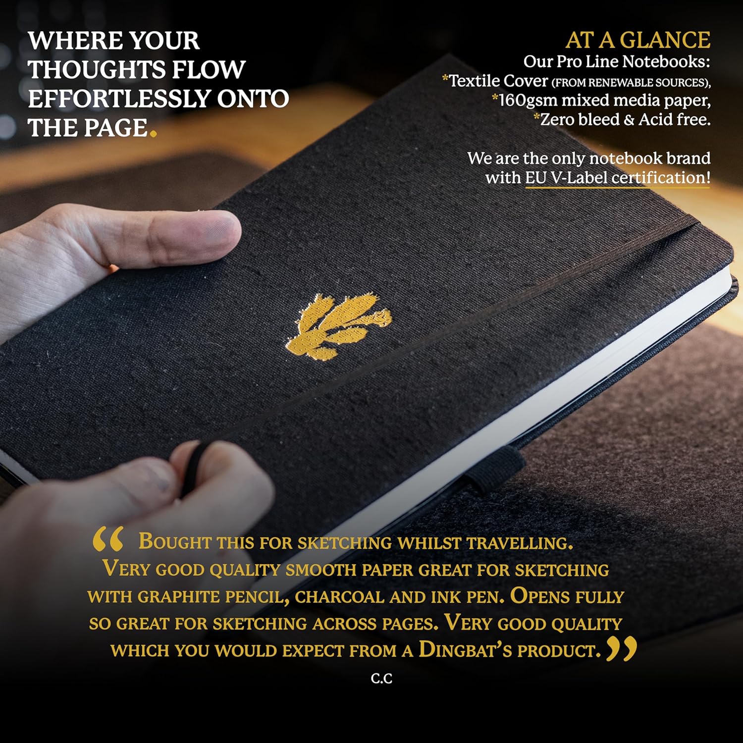 Dingbats* Pro Dotted Large B5 Notebook - Black Textile Cover, Thread-Bound Writing Journal - for Work, Travel - Pocket, Elastic Closure, Bookmark - Image 4